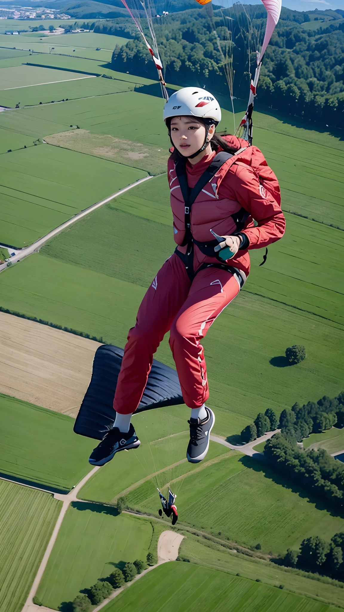 Beautiful 24 Years Korean Girl, Paragliding On switzerland alaps valley, ((On air)), ((Paragliding)), Solo, Air, Realistic, Ultra HD, 8k unity walpaper, Ray Tracing, Girl Watching Downside, (Red T-shirt), (pink half trouser), detailed background, Detailed skin, detailed dress , Real Paragliding, Landing On Ground, (Touching ground), ((paragliding Landing on Grass fields)),