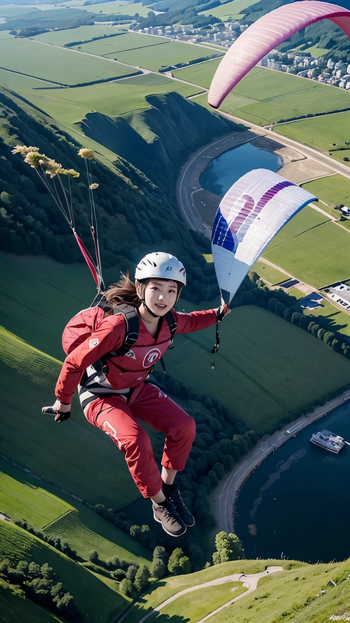 Beautiful 24 Years Korean Girl, Paragliding On switzerland alaps valley, ((On air)), ((Paragliding)), Solo, Air, Realistic, Ultra HD, 8k unity walpaper, Ray Tracing, Girl Watching Downside, (Red T-shirt), (pink half trouser), detailed background, Detailed skin, detailed dress , Real Paragliding, Landing On Ground, (Touching ground), ((paragliding Landing on Grass fields)),