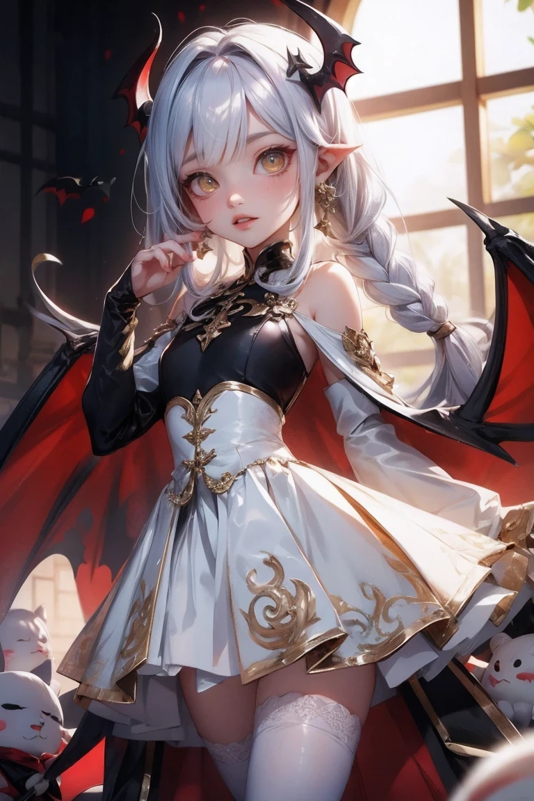 tmasterpiece, Best quality at best, Succubus loli, Poor milk, white backgrounid, red color eyes,white color hair, simple backgound, Kinky laughter, Stick out your tongue and lick the corners of your mouth,Sat down, Big hood set chest curtain, Separate sleeves, longer sleeves, frilld, pelvis curtain, Borderless clothing, Butterfly dress,are standing,On your stomach,Random actions