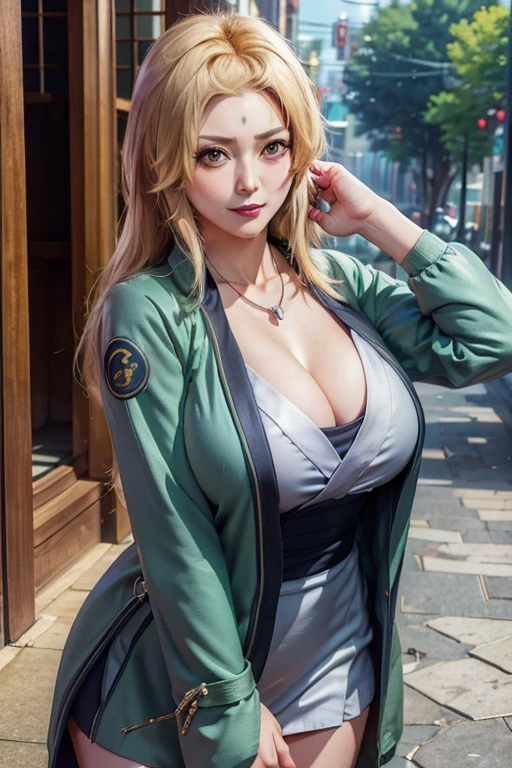 tsunade, smile,big breasts, cleavage, clavicle,((tsun costume)), (sun jacket), (tsun necklace), mature woman, fascinating look, looking at the viewer, Konoha Village, outdoor, daytime, (cowboy shot), (Extremely detailed, beautiful detailed face, masterpiece, beautiful detailed eyes, highest quality), huge breasts, ((魅惑的な笑face)), 超High resolution,4k,Super detailed, photo shoot, 8K, HDR, High resolution, (disorganized:1.2), kodak portrait 400, film grain, blurred background, (Bokeh:1.2), Lens flare, (lively_color:1.2),professional photos, (beautiful_face:1.5), ,(((cast 1.3))),(((Squeeze your elbows,
My chest feels tight)))