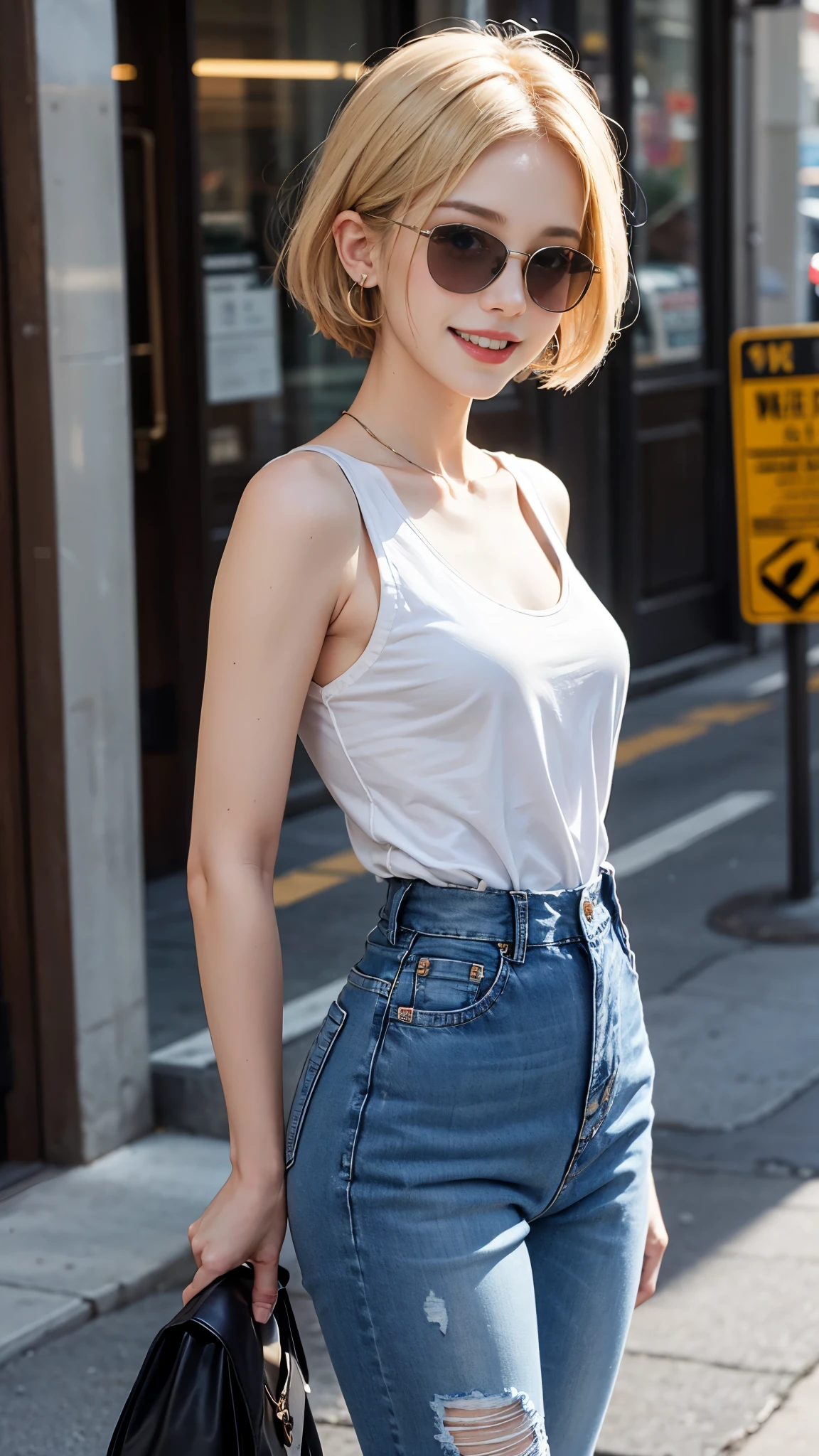 highest quality, High resolution, AND18, 1 girl, android 18, alone, blonde hair, blue eyes, short hair, laughter，earrings, jewelry, denim dress, open vest, white t-shirt，distressed jeans，wearing sunglasses，small breasts, Pose with buttocks sticking out and turning around，street, (external expansion chest: 1.2)，best smile：1.5