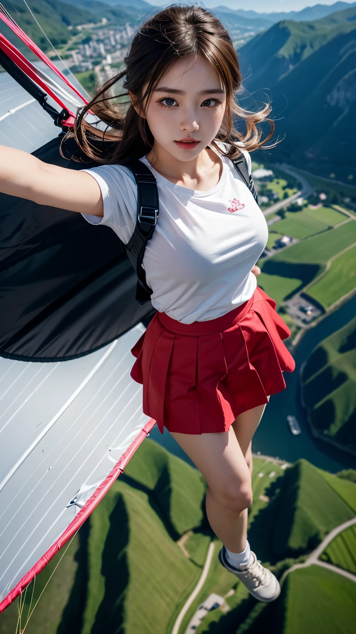 Beautiful 19 Years Korean Girl, Paragliding On switzerland alaps valley, ((On air)), ((Paragliding)), Solo, Air, Realistic, Ultra HD, 8k unity walpaper, Ray Tracing, slightly open mouth , (Red tight T-shirt), (pink Tight skirt), (skirt : 1.2), (Upper body close up shot), Perfect young body, (Young breasts under the dress), detailed background, Detailed skin, detailed dress , Real Paragliding,