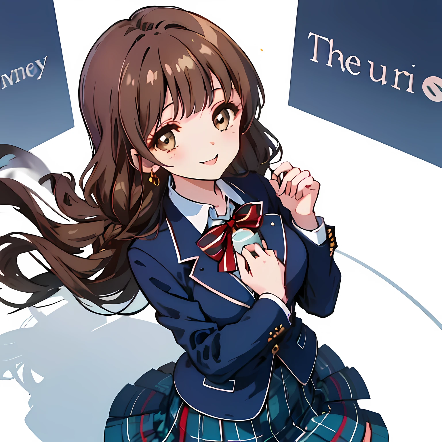 highest quality, (masterpiece:1.2), High resolution, perfect pixel, One so beautiful woman is standing, , (((big very detailed beautiful dark brown eyes))), ((girly large wine-red glossy polyester Japanese school ribbon bow tie)), ((((very beautiful long straight straight hair)))), ((((dark blue & deep navy colored tartan checkered formal skirt)))), ((A formal dark blue blazer that is slightly oversized and has an emblem on the left chest.)), ((Looking up at the viewer and smiling)), Very fun, Very happy, mouth is open, the skirt is so cute, detailed fingers, modest chest, ((curled bangs)), ((Lip balm)), so beautiful, long eyelashes, (((Touching your hair with your hands))), ((Showing viewers the beauty of straight hair)), ((very big girly hair ribbons)), ((Impressive and very beautiful eyes)), (((shot from above))), double eyelids, The entire skirt is photographed, ((Showing viewers the beauty of straight hair)), Cute earrings