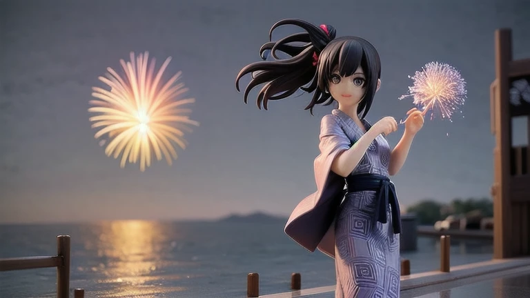 1 girl, beautiful eyes, smile, Summer festival, happy expression, light blue short hair, deep purple eyes, Colorful floral yukata, Hand-held fireworks in hand, look up at the sky, Sky full of fireworks, The soft glow of fireworks illuminating her face, Yukata tied with a contrasting obi, Wooden sandals painted on her feet, Wrist decorated with a small set of bracelets, Fireworks launched in different colors on the background, Night sky tinted with the colors of a fireworks display, Yukata dancing subtly in the summer breeze, Her eyes reflecting vivid fireworks, The excitement and wonder on her face, Warm light of nearby lanterns, Shadows that create depth and contrast in a yukata, small smile playing on her lips, A lock of her blue hair catching the light of fireworks, Silhouette of festival crowd on background, The smell of festival food wafts in the air, The sound of fireworks crackling overhead, bustling atmosphere of the Summer festival, The surrounding colors in her joyful eyes, The glow of the fireworks in her hands reflects the excitement in her eyes, Festival energy radiating from her figure, like々Captured a moment of great fun, The brilliance of happiness and excitement, Expect the next fireworks, An atmosphere of jubilation and joy