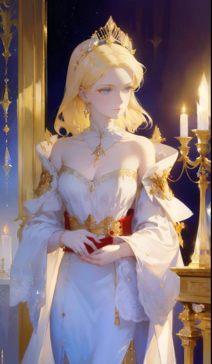 Fantasy, 19th century, empress, woman, delicate face, pale blonde hair, blue eyes, in a white royal dress with open shoulders, gold patterns on fabric, crystal jewelry, with a scarlet ribbon over the shoulder with the regalia of the monarch, Gothic castle made of white stone on the background, light, day, hd