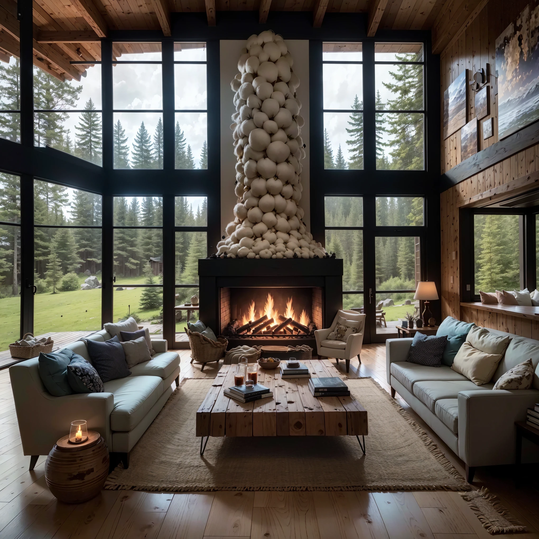 THIS EVENING WOODEN CABIN LIVING ROOM ANIME BACKGROUND, (COZY ATMOSPHERE), (SUBTLE LIGHTING), BRIGHT STONE FIREPLACE FIRE, LIONSKIN RUG THIS EVENING BEST QUALITY, TRANSPARENT GLASS WINDOWS