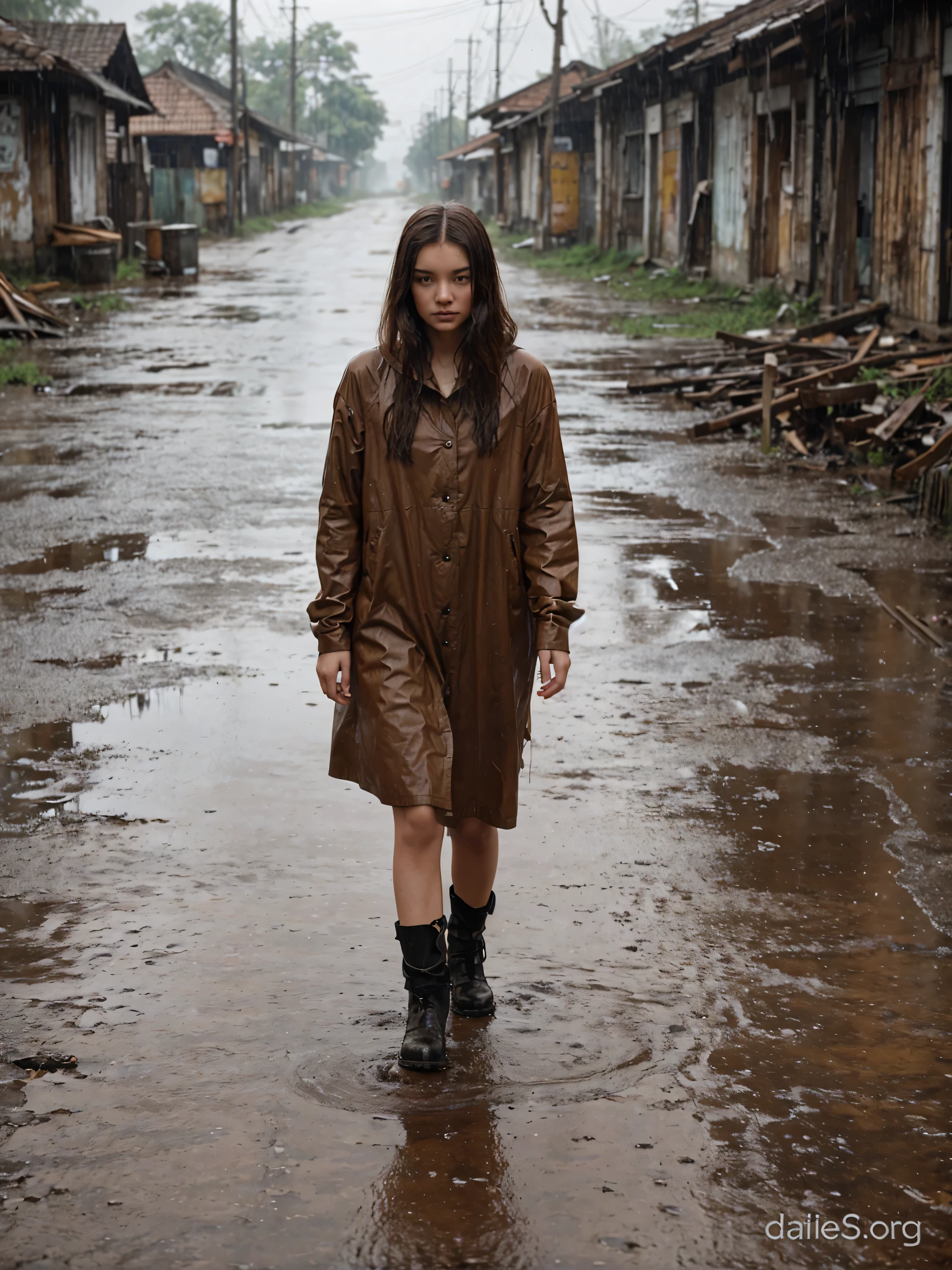 a 20 year old beautiful girl is walking looking down in the rainy street, tarkovsky scene, beautiful and creepy vibes, she is wearing a mysterious brown outfit, her head is covered, the background features a abandoned place, there is a old wood signboard there is written "SURABAYA" and its melting a bit.