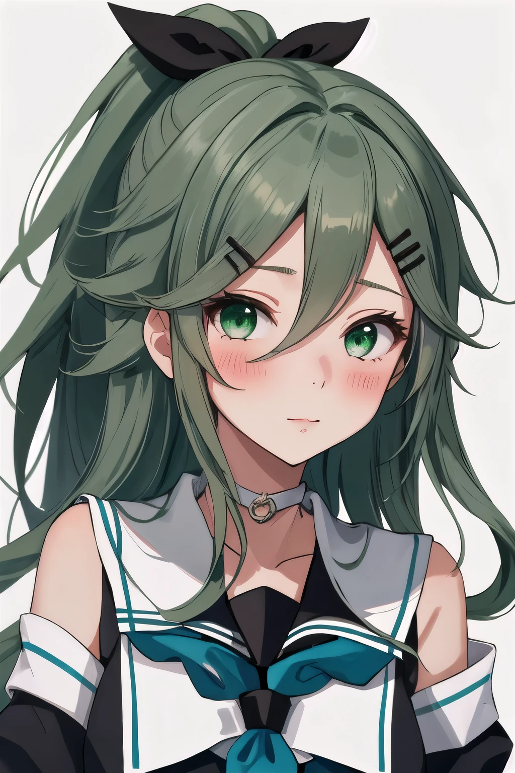 highest quality, masterpiece, High resolution, 一人in, {once again_Fleet Collection:1.15}, green_hair, hair_between_eye, length_hair, hair_ornament, hairclip, ribbon, hair_ribbon, ponytail, black_ribbon, blush, serafuku, green_eye, green_eye, 1 girl, School_uniform, simple_background, upper_body, white_background, separated_sleeve, looking for_in_viewer, neckerchief, green_neckerchief, black_serafuku, choker, 前hair, side lock