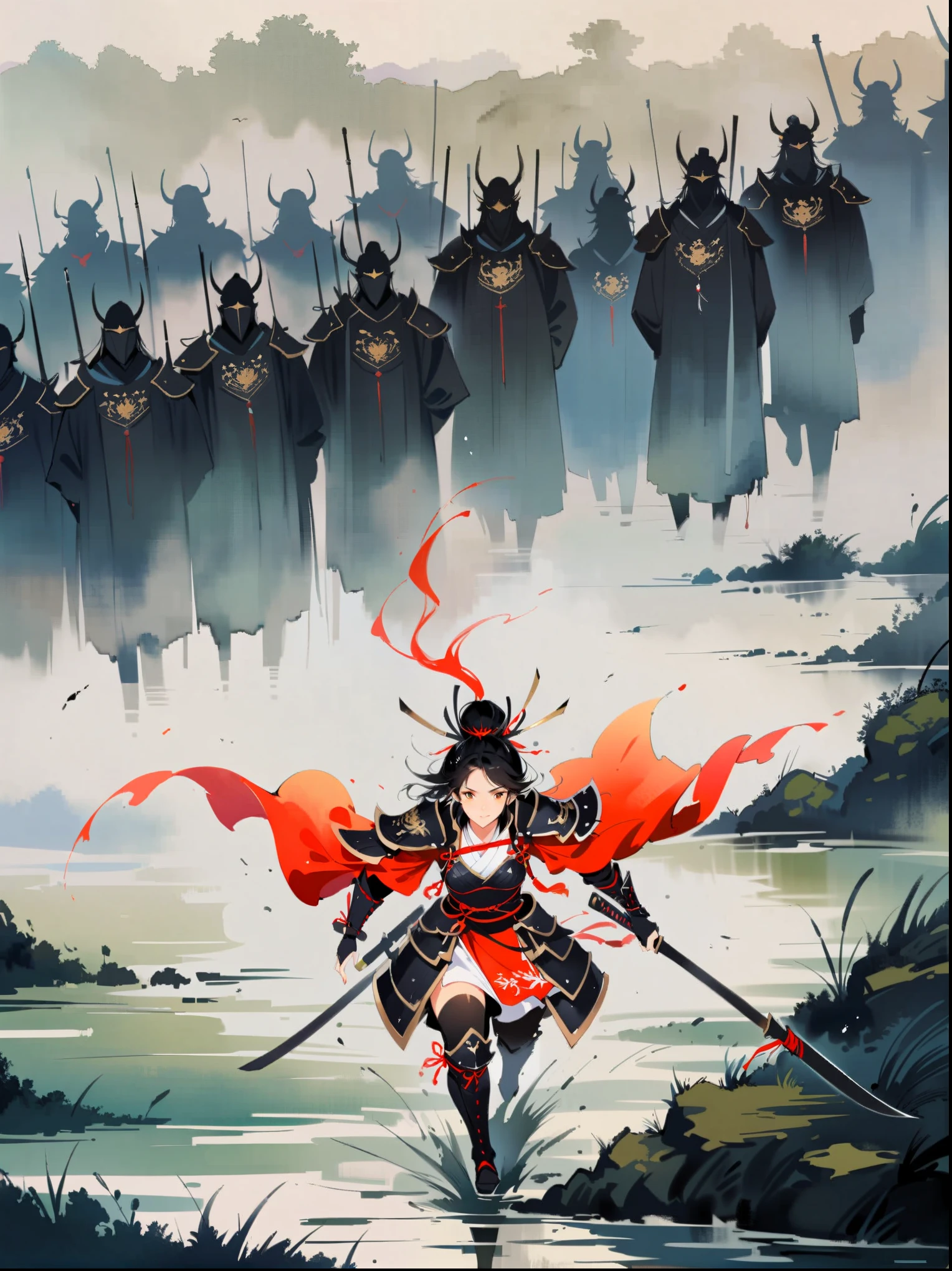 watercolor concept art by Benedick Bana (perspective from above ) 1girl, charging forward , detailed face, beautiful woman in fantasy samurai armor, trudging through misty swamp in middle of multiple army battlefield, marshlands, foggy, cloudy, wearing surcoat with family arms embroidered on it, many samurai fighting in background, masterpiece, best quality, high quality, dramatic lighting, shadows
