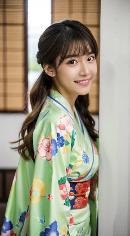 (Raw photo), (Photoreal), (masterpiece), (highest quality), High resolution, 8K, (intricate details), (light with volume), portrait, japanese woman, 20-year-old,long hair, straight hair , bun hair, brown hair, very fine eyes, source order, Very thin eyebrows, Very fine skin, very fine mouth, very nice nose, cute like an idol, smile, (thick lips), (looking at the viewer), (It is common to wear a kimono),Photographed at a Showa photo studio,full body image
