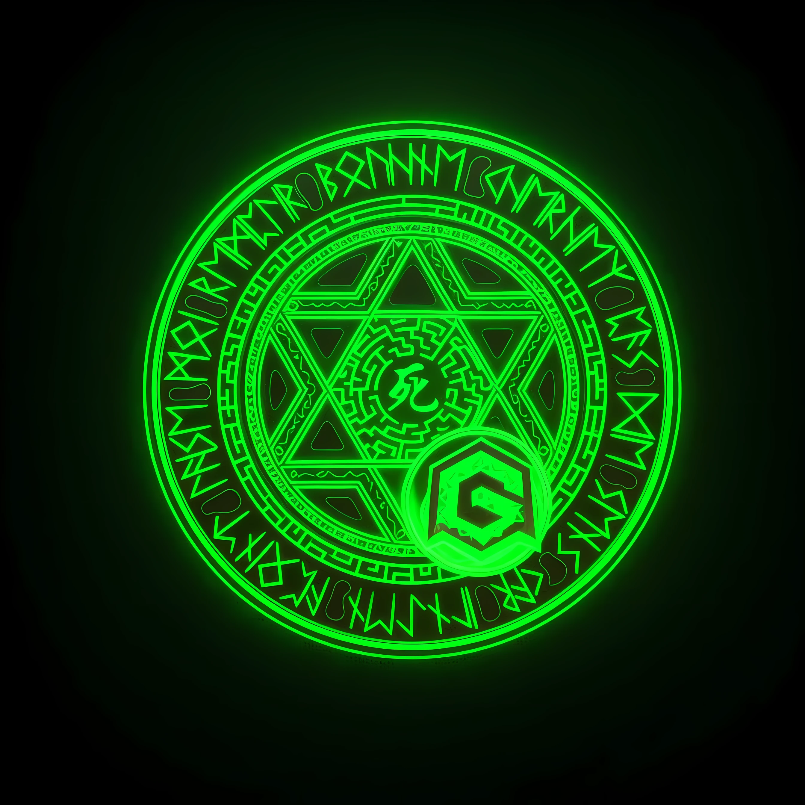 a close up of a green glow on a black background, green glowing runes, celtic neon runes, glowing magic sigils, glowing digital runes, glowing runes, holographic runes, emerald tablet, with glowing runes on the body, illuminated runes, cyberpunk demonic symbols, infinity glyph, fantasy game spell symbol, inscribed with occult symbols, （Arte digital premiada：1.3） de （desenhando：1.3），（com dinamismo：1.3），（saturation：1.3）
