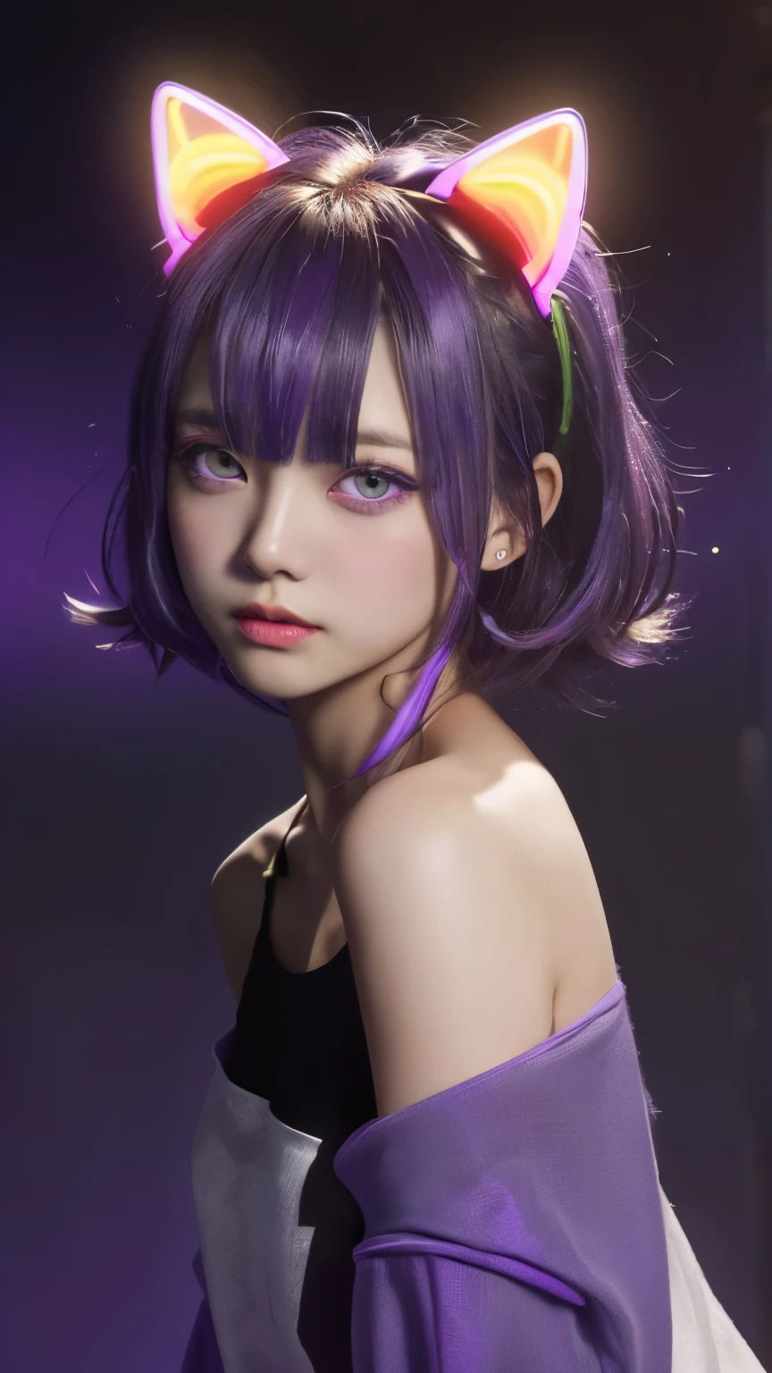 (Neon purple thema:1.2), masterpiece, highest quality, 4K, (Photorealistic), bokeh, enlightenment,(1 perfect portrait of a girl), (A fascinating eye for perfect detail:1.2), colorful hair, (gradient hair), (neon purple soft hair:1.6), (Cat ear:1.2), fantasy background, (exposed bare shoulders), (long-term alienation sleeve), (lean forward a little), head tilt, (movie lighting:1.2), oversized clothes, (seductive pose:1.4), (neon purple background:1.6), purple beautiful eyes, close up,