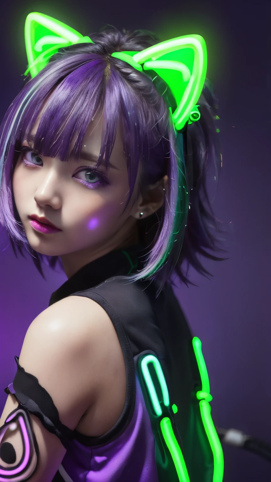 (Neon purple thema:1.2), masterpiece, highest quality, 4K, (Photorealistic), bokeh, enlightenment,(1 perfect portrait of a girl), (A fascinating eye for perfect detail:1.2), colorful hair, (gradient hair), (neon purple soft hair:1.6), (Cat ear:1.2), fantasy background, (exposed bare shoulders), (long-term alienation sleeve), (lean forward a little), head tilt, (movie lighting:1.2), oversized clothes, (seductive pose:1.4), (neon purple background:1.6), purple beautiful eyes, close up,