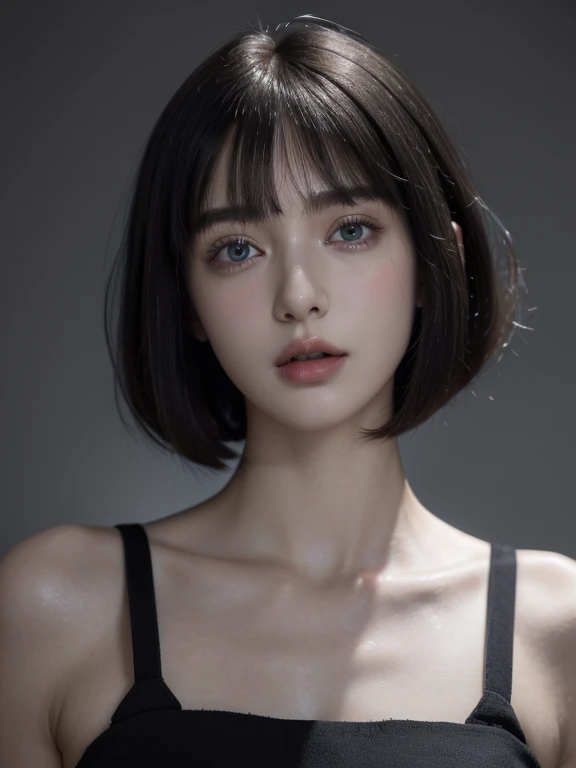 ( masterpiece, top quality, best quality,8k,17 years old girl,ultra detailed,raw photo:1.5),(photorealistic:1.4), (bob cut,parted bangs, black hair:1.5), (cinematic lighting), PerfectNwsjMajic, , Surrealism, UHD, ccurate, Super detail, textured skin, High detail, Best quality, dynamic angle, White skin,[Beautiful blue eyes], high nose,[flat chest:large breasts:0.5],(1girl),(good anatomy:0.5)),(Portrait:1.5),(outside )