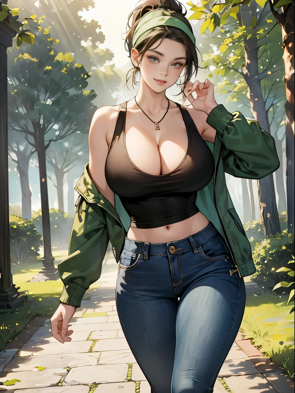 (masterpiece, top quality, best quality, official art, beautiful and aesthetic:1.2), (1girl:1.3), (gorgeous face), light freckles, fair skin, brown hair, extremely detailed, portrait, looking at viewer, solo, (full body:0.6), detailed background, close up, (airy modern theme:1.1), extremely busty photographer girl, ponytail, big lips, charlatan, smiling, mysterious, walking in the park, dark green jacket, green tank top, jeans, do-rag, headband, bandana, bracelets, necklace, trees, modern city park, pond, paths, well-lit, thin and toned physique, ((((gigantic breasts, cleavage, skindentation)))), slim waist, slim hips, long legs, modern (park exterior:1.1) background, dark mysterious lighting, shadows, magical atmosphere, dutch angle,
