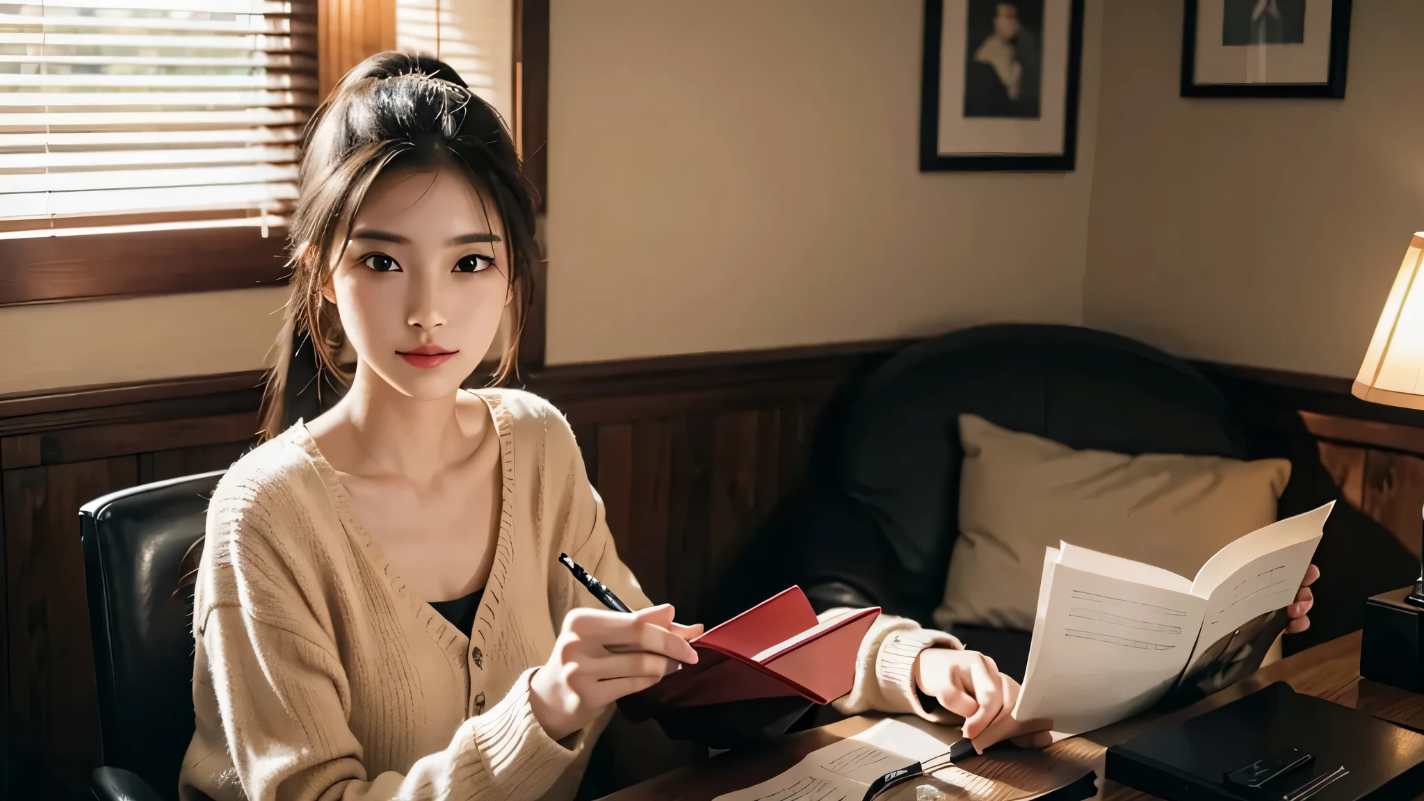 Onry One woman,Room at home, studying at a desk, sitting chair, writing in a notebook,fully body photo,masutepiece, The highest image quality, High quality, the background is clear,Beautiful woman, Japanese, Detailed, Detailed eyes, Detailed skin, Beautiful skin, 超hight resolution, (reality: 1.4),Very beautiful woman, Slightly younger face, Beautiful skin, slender, (Ultra photo realsisim), (hight resolution), (8K), (Very detailed) (beautifully detailed eyes), (super detailed), (Detailed face), view the viewer, Fine details, Detailed face, Staring straight ahead, Staring straight ahead, photos realistic, Bright lighting, Professional Lighting, Black hair,poneyTail,a baby face,sixteen years old,Hairstyle is ponytail,long ponytail hairstyle,slight smile,