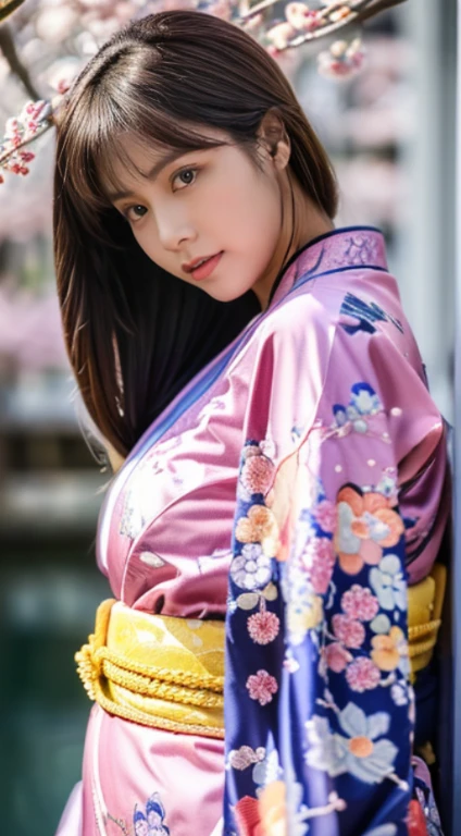 (Beautiful model appearing in Japanese clothing commercial, Beautiful long silver mesh hair swaying in the wind), (alone), ((face is 80% beauty and elegance, 20% pretty and cute:1.5)), (Her roots are in Eastern Europe and Asia), clear eyes, (fine eyes, light brown eyes, bright pupils), double eyelid, (Slightly thick and sexy lips:1.2), Super detailed and incredibly high resolution silver long Kimono, Highly detailed facial texture, impressive body shape, Curvaceous and very attractive woman, (The color of the long kimono is 95% pink and 5% lapis lazuli:1.5), High resolution RAW color photography professional photography, break ultra high-resolution textures, High resolution body rendering, Big eyes, an unparalleled masterpiece, incredible high resolution, Super detailed, stunning ceramic skin, break (Made with plenty of Rinpa silver.、琳派風のshiny redい振袖を着ています。.), (The main color is Rinpa&#39;shiny red.), (丁寧に作られた日本の古典的なshiny redい振袖), ((The embroidery pattern is a Japanese painting style of lapis lazuli birds, cloud, Mountain, river, and flowers)), (A lapis lazuli obi that matches this kimono), ((Delicate and elegant embroidery、shiny redい振袖)), (The background is sparkling silver diamond dust emitted from the moon，Cherry tree:1.5) break ((highest quality, 8K)), sharp focus:1.2, (layer cut, big:1.2), (beautiful woman with perfect figure:1.4), (Beautifully shaped breasts:1.3), thin waist, (correct hand shape:1.5), (full body shot | Rear view)