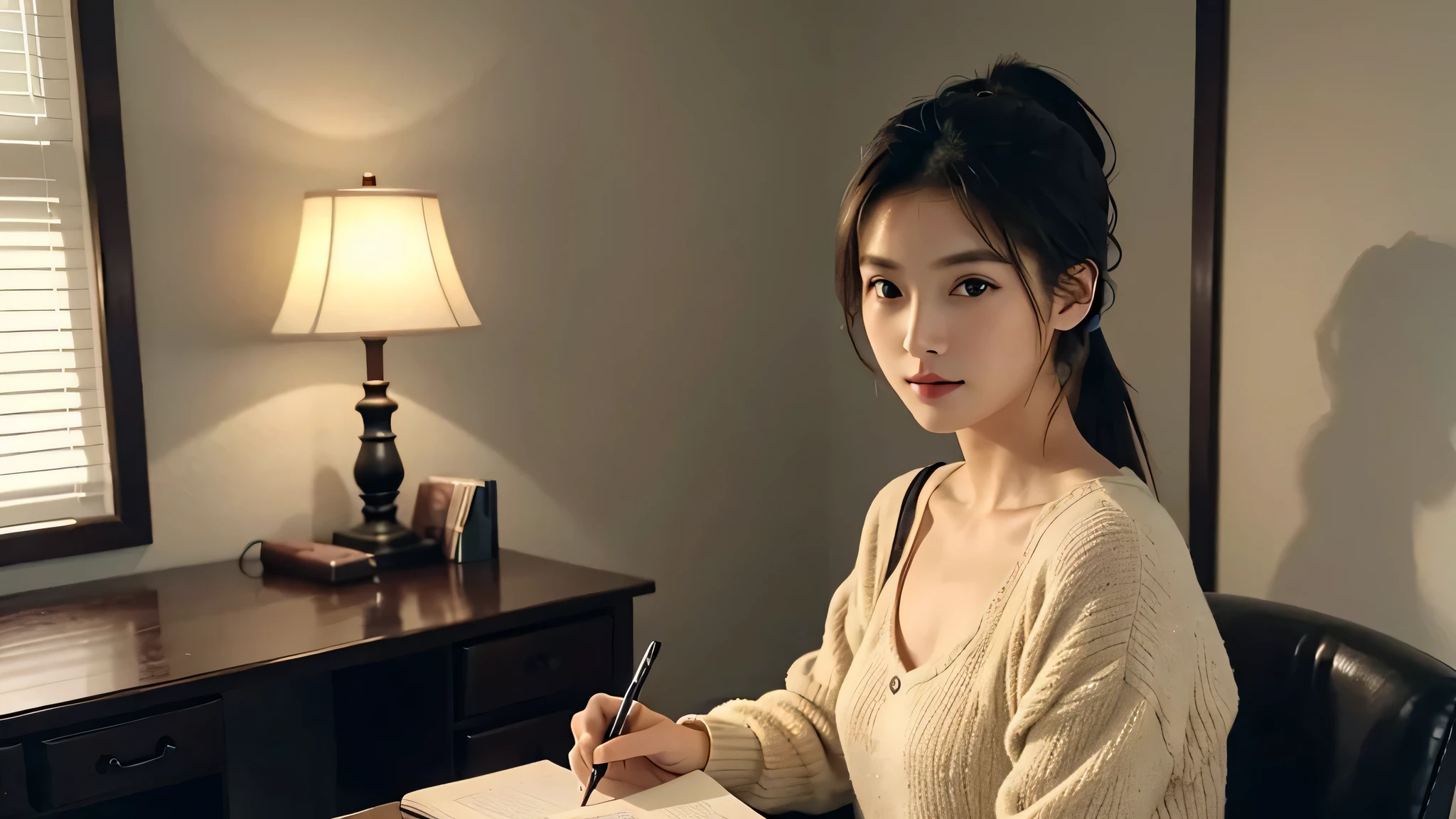 Onry One woman,Room at home, studying at a desk, sitting chair, writing in a notebook,fully body photo,masutepiece, The highest image quality, High quality, the background is clear,Beautiful woman, Japanese, Detailed, Detailed eyes, Detailed skin, Beautiful skin, 超hight resolution, (reality: 1.4),Very beautiful woman, Slightly younger face, Beautiful skin, slender, (Ultra photo realsisim), (hight resolution), (8K), (Very detailed) (beautifully detailed eyes), (super detailed), (Detailed face), view the viewer, Fine details, Detailed face, Staring straight ahead, Staring straight ahead, photos realistic, Bright lighting, Professional Lighting, Black hair,poneyTail,a ,sixteen ye is ponytail,long ponytail hairstyle,slight smile,