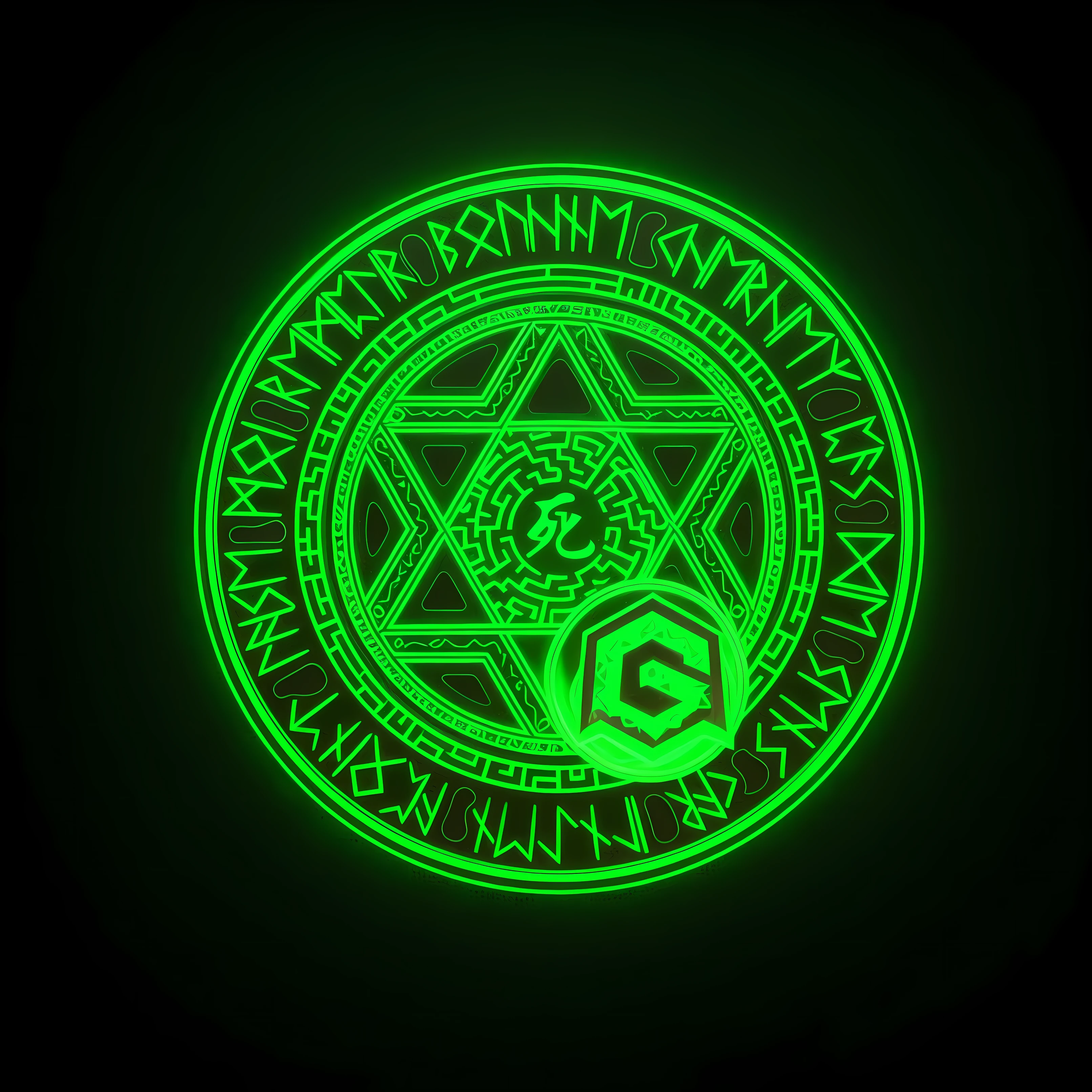 a close up of a green glow on a black background, green glowing runes, celtic neon runes, glowing magic sigils, glowing digital runes, glowing runes, holographic runes, emerald tablet, with glowing runes on the body, illuminated runes, cyberpunk demonic symbols, infinity glyph, fantasy game spell symbol, inscribed with occult symbols, (Arte digital premiada:1.3) de (desenhando:1.3),(com dinamismo:1.3),(saturation:1.3)
