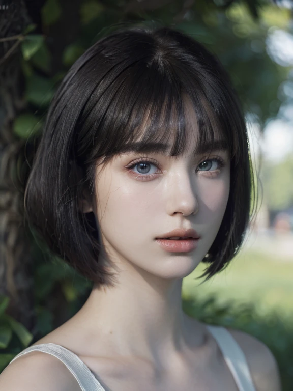 ( masterpiece, top quality, best quality,8k,17 years old girl,ultra detailed,raw photo:1.5),(photorealistic:1.4), (bob cut,parted bangs, black hair:1.5), (cinematic lighting), PerfectNwsjMajic, , Surrealism, UHD, ccurate, Super detail, textured skin, High detail, Best quality, dynamic angle, White skin,[Beautiful blue eyes], high nose,[flat chest:large breasts:0.5],(1girl),(good anatomy:0.5)),(Portrait:1.5),(outside )