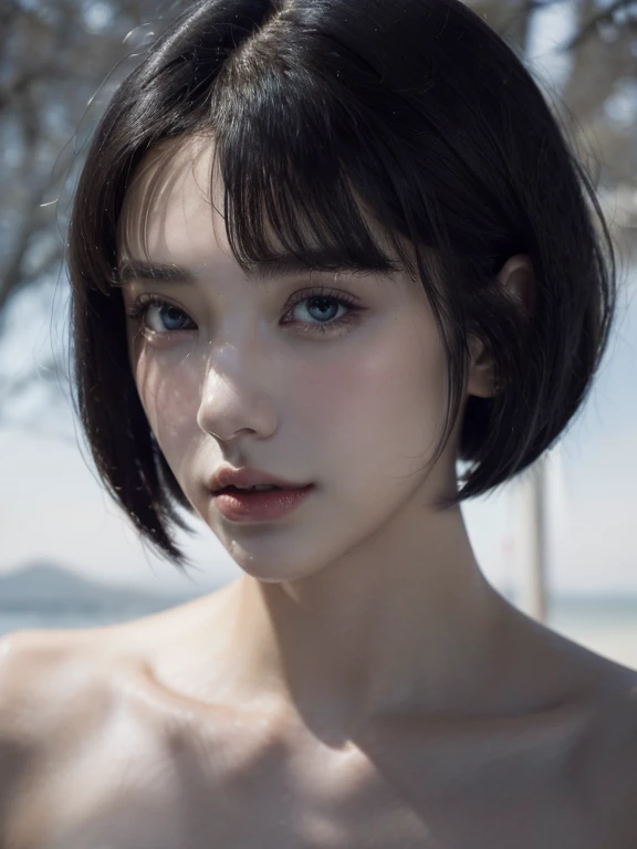 ( masterpiece, top quality, best quality,8k, girl,ultra detailed,raw photo:1.5),(photorealistic:1.4), (bob cut,parted bangs, black hair:1.5), (cinematic lighting), PerfectNwsjMajic, , Surrealism, UHD, ccurate, Super detail, textured skin, High detail, Best quality, dynamic angle, White skin,[Beautiful blue eyes], high nose,[flat chest:large breasts:0.5],(1girl),(good anatomy:0.5)),(Portrait:1.5),(outside )