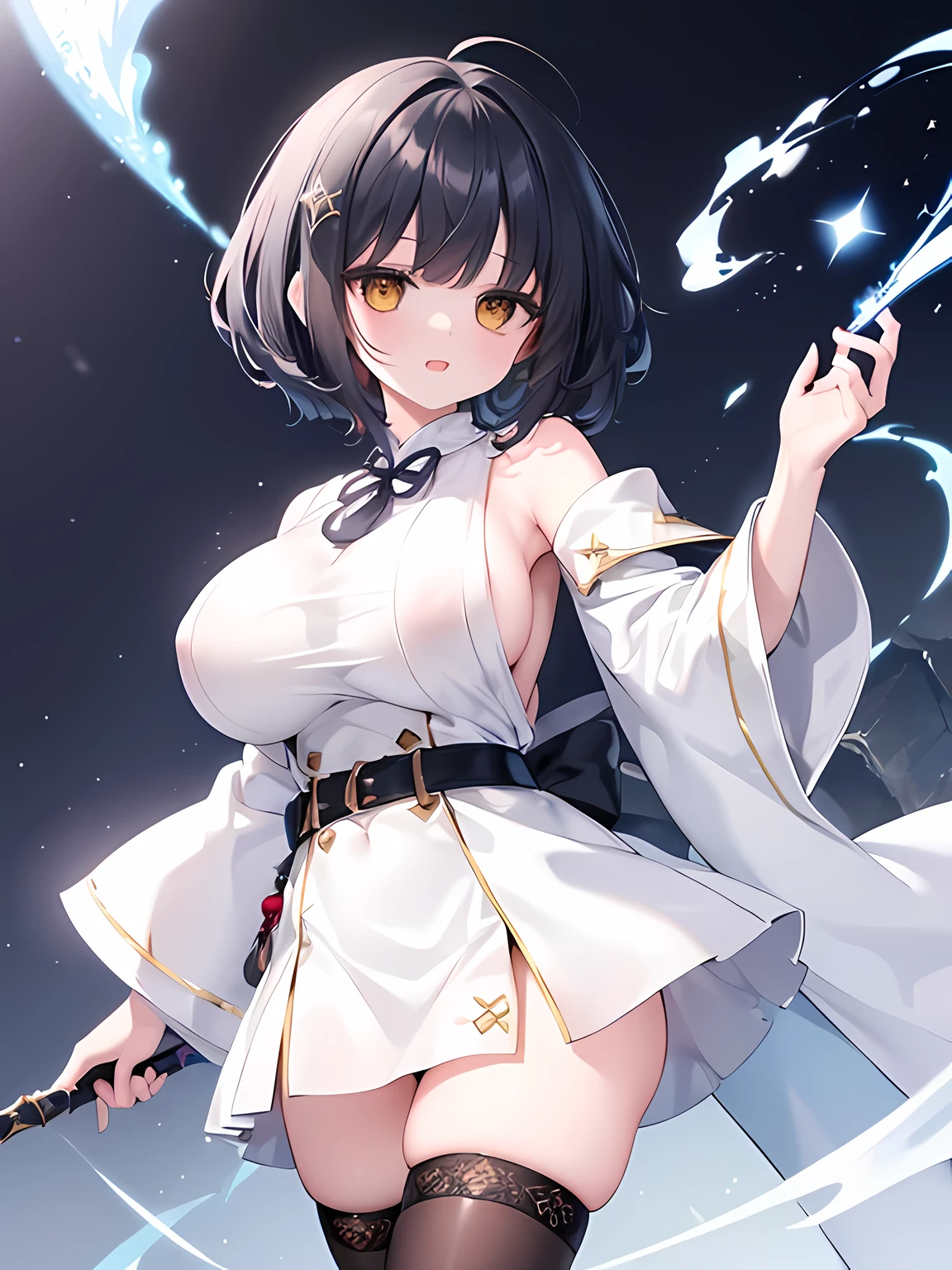master piece,best quality,(super detail),perfect writing, Highly detailed CG,Super detailed,(highly detailed eyes,very cute face,highly detailed face:1.3),beautiful anime girl,(solo girl),(super huge breasts:1.7),(black hair,short hair,2 side up:1.5),(big yellow eyes:1.1),(low length),jitome,(happy smile),open your mouth wide,break,(wizard costume,White Wizard Robe,White Wizard Tunic:1.5),mini skirt,Red jewelled ribbon tie,bear shoulder,bell sleeve,golden decoration,Blue embroidery,gold hair ornament,White Thigh Socks,Absolute area,leather belt,big magic wand,god々new light,intense magic effects,cobblestone road,medieval castle town,Are standing,(dynamic pose,dynamic angle,cowboy shot:1.2)