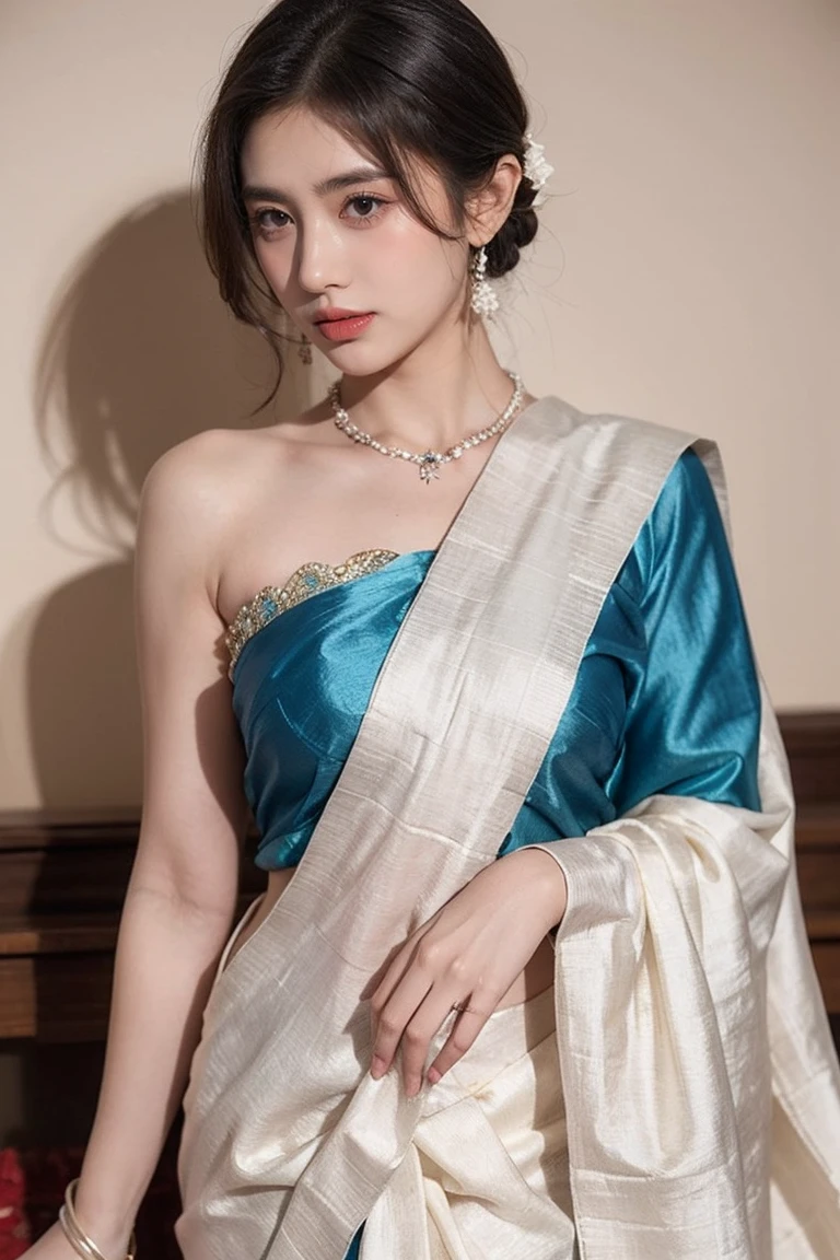 White tie-dyed silk saree with white, brown and aquamarine Nakshi Kantha embroidery. Comes with matching unstitched blouse piece attached at the end of saree. Blouse shown in the photo is a styling suggestion, it is not a part of the actual product.