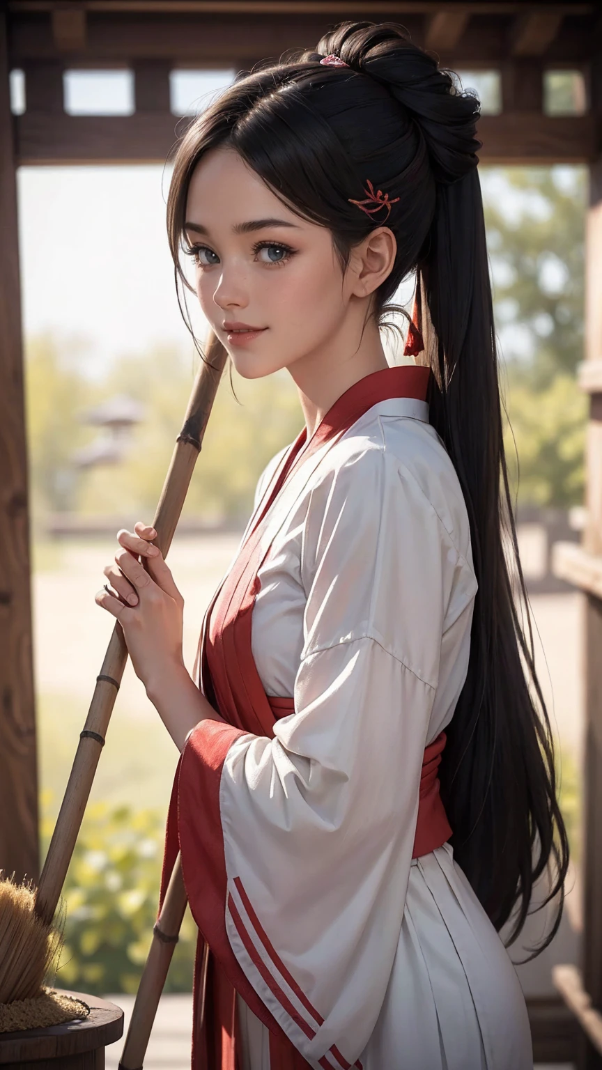 blonde hair, gradient hair, hair over shoulder, hair behind ear, longeyelashes, light smile, Surrealism, depth of field, atmospheric perspective, foreshortening, UHD, anatomically correct, highres, 16k、
((最high quality, 8K, masterpiece: 1.3, Ultra HD, high quality, 最high quality, High resolution, realism)) 、(high color saturation:1.0), (highly detailed skin), (最high quality:1.0), (超High resolution:1.0) ,(realistic:1.0), (Super detailed:1.0), (8K, Raw photo:1.1), slender、Slender, muscular body that's toned like an athlete's、I don't want my head to disappear from the screen.、25 year old Japanese woman、shiny black hair、black eye、long hair、hair above one eye、smile、On the approach to a Japanese shrine、She is a shrine maiden.、Sweeping the grounds with a bamboo broom、Grinning ((light smile))、half updo, 8k