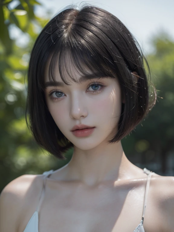 ( masterpiece, top quality, best quality,8k,************ girl,ultra detailed,raw photo:1.5),(photorealistic:1.4), (bob cut,parted bangs, black hair:1.5), (cinematic lighting), PerfectNwsjMajic, , Surrealism, UHD, ccurate, Super detail, textured skin, High detail, Best quality, dynamic angle, White skin,[Beautiful blue eyes], high nose,[flat chest:large breasts:0.5],(1girl),(good anatomy:0.5)),(outside )