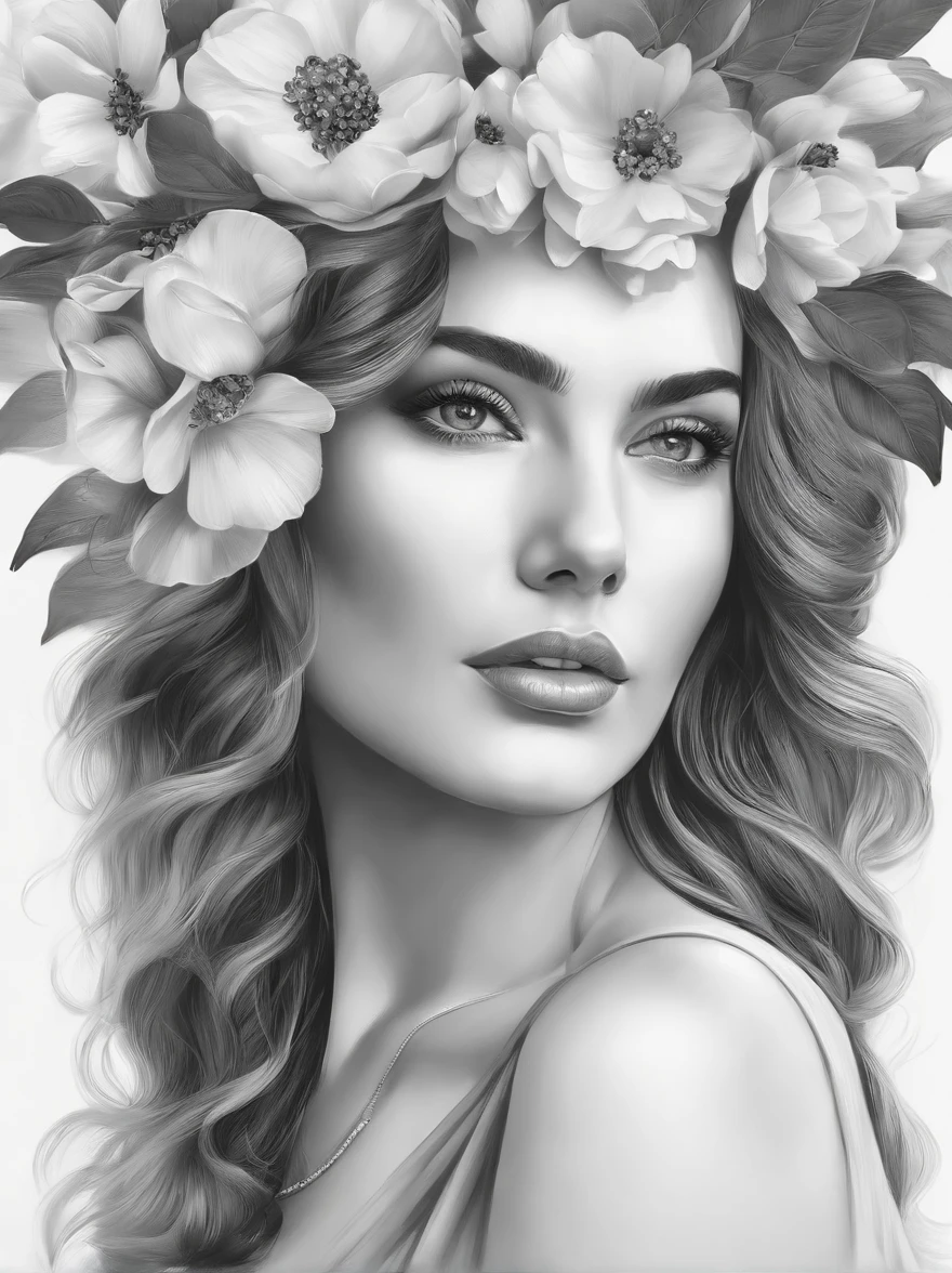 Create a Realistic drawing, made with Carvão pencil, 4k, black and white drawing of a woman with flowers in her hair, beautiful beautiful digital art, beautiful digital art, black and white artwork, beautiful digitalwork art, beautiful work of art, black & white art, exquisite digital illustration, Martin then artwork portrait, beautiful digital art, beautiful art, the beautiful artwork illustration, art of alessandro pautasso, stunning artwork