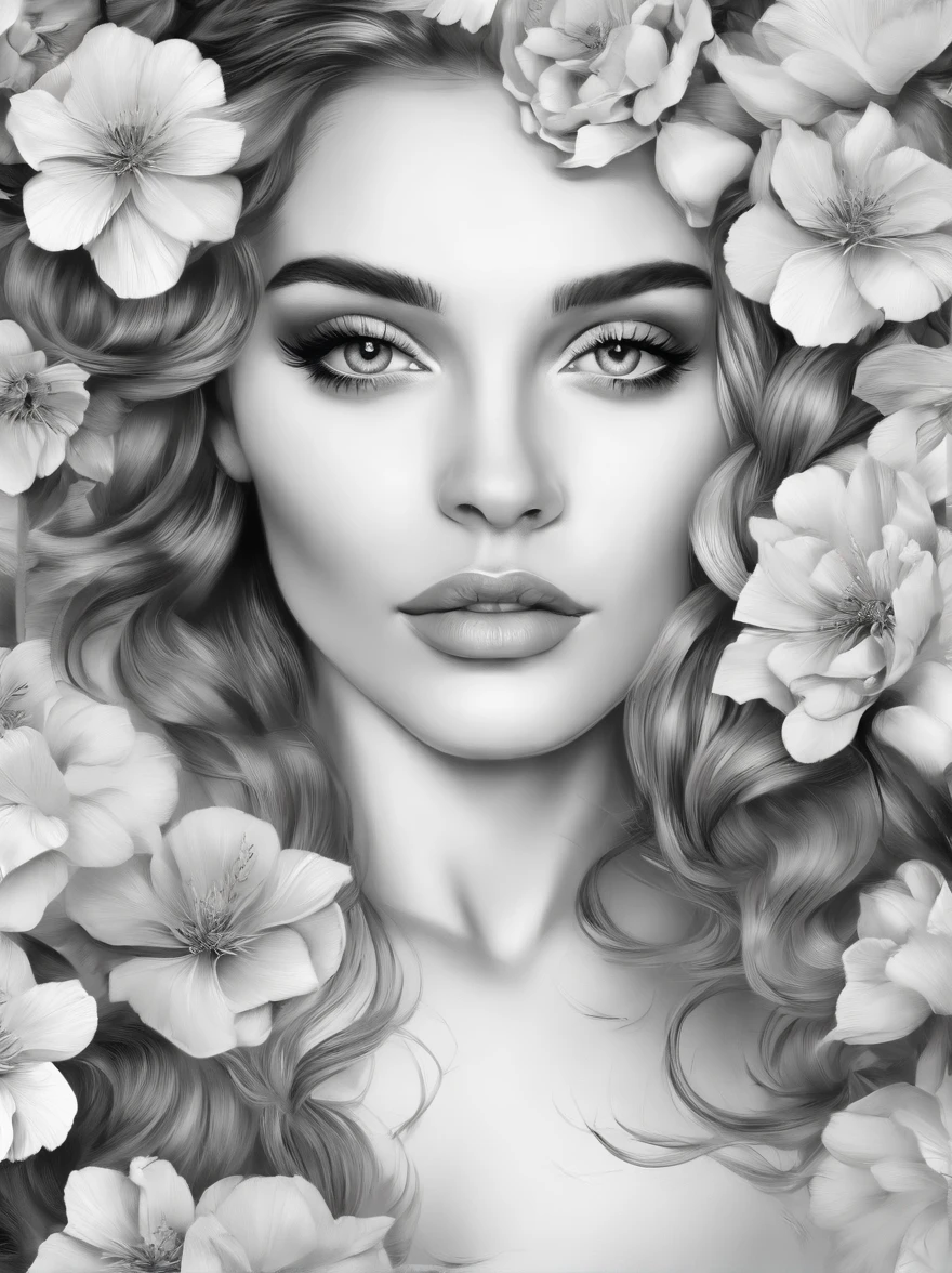 Create a Realistic drawing, made with Carvão pencil, 4k, black and white drawing of a woman with flowers in her hair, beautiful beautiful digital art, beautiful digital art, black and white artwork, beautiful digitalwork art, beautiful work of art, black & white art, exquisite digital illustration, Martin then artwork portrait, beautiful digital art, beautiful art, the beautiful artwork illustration, art of alessandro pautasso, stunning artwork
