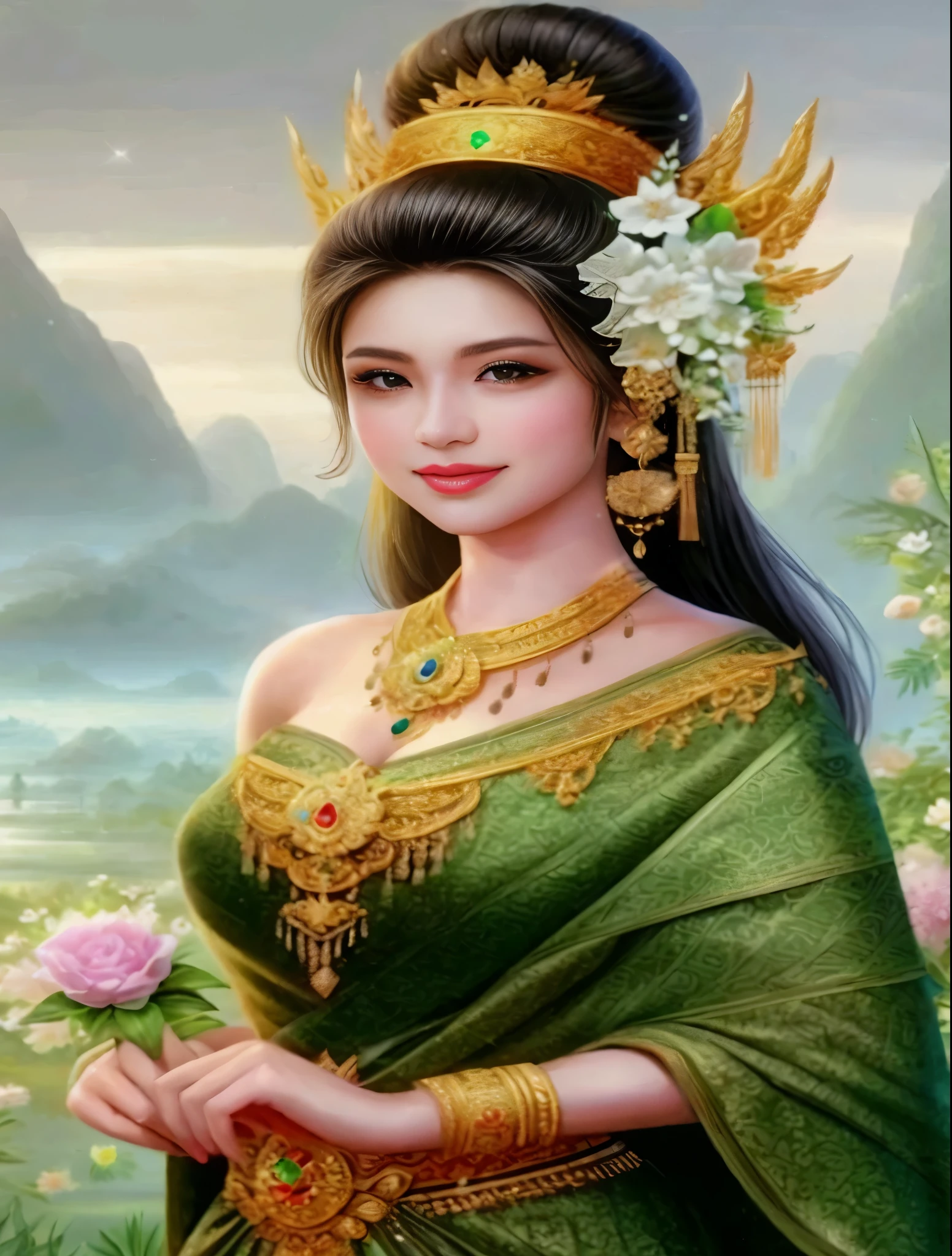 a painting of a woman in a green dress holding a flower, beautiful goddess, a beautiful fantasy empress, traditional beauty, anime thai girl, ((a beautiful fantasy empress)), portrait of a beautiful goddess, beautiful maiden, thailand art, lovely woman, ancient chinese beauties, beautiful oriental woman, beauty woman, inspired by Lan Ying, ancient chinese princess, very beautiful woman