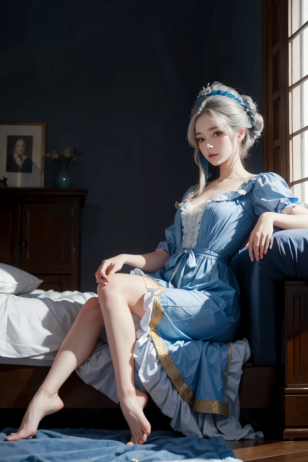 Araped woman sitting on bed in blue dress, inspired by Jean-Baptiste Van Loo(Jean-Baptiste van Loo), korean beauty, different actions, clothes:random color,