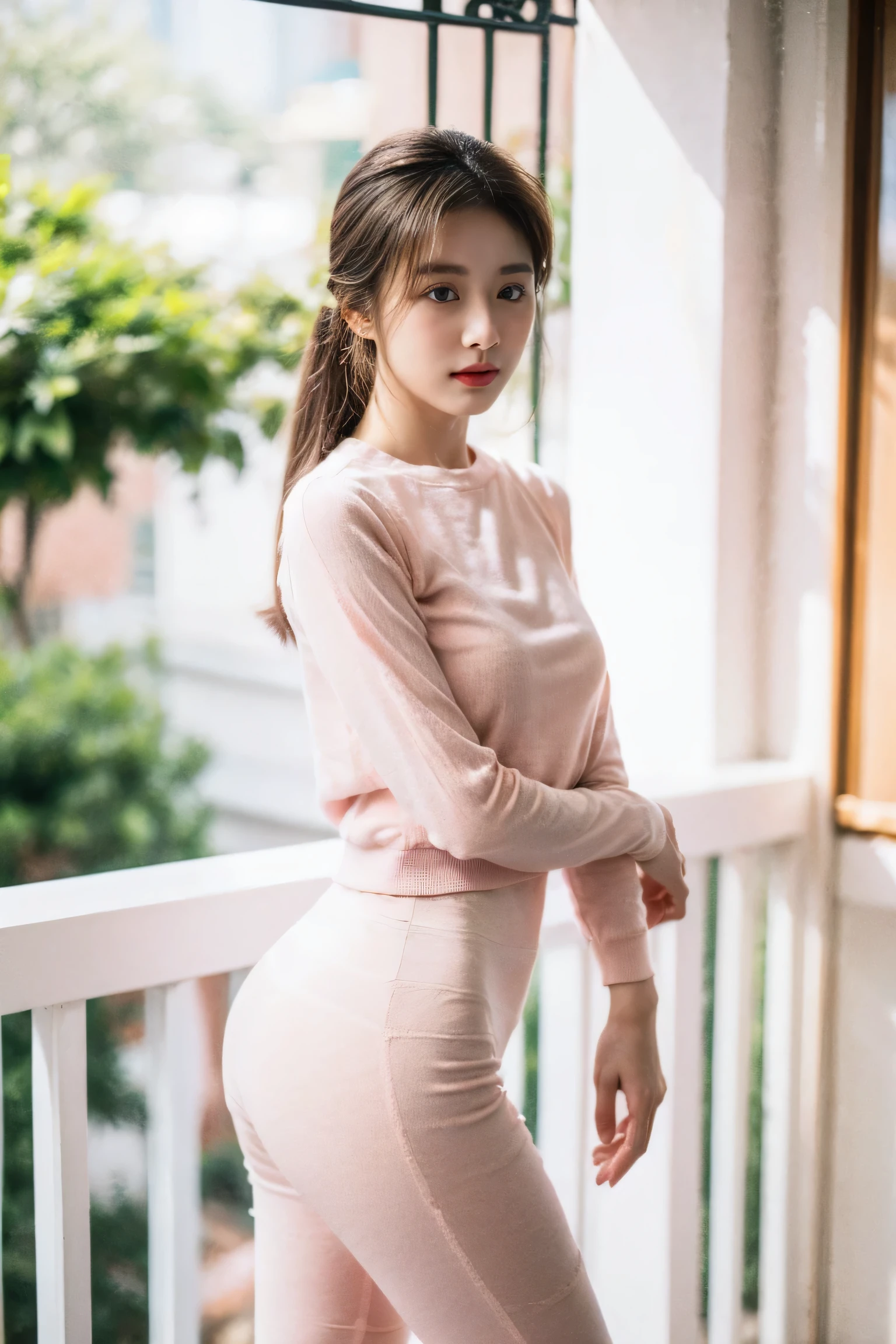 araffe woman in a pink dress standing on a balcony, wearing tight simple clothes, smooth white tight clothes suit, wearing a cute top, gorgeous young korean woman, wearing tight shirt, korean women's fashion model, tight outfit, tight shirt, beautiful south korean woman, gorgeous lady, smooth pink skin, open v chest clothes, gorgeous chinese model, (pink colors)