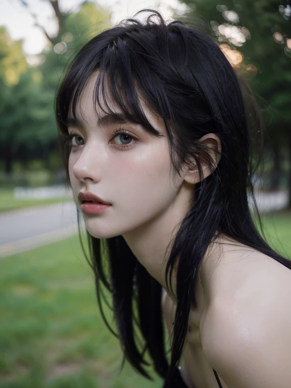 (18 year old woman), (black hair, bangs, shoulder-length hair) (white skin) angry, western face, dark circles, face sad and tired and droopy, pimples on face, thin nose, ((best quality)), ((ultra resolution) ), ((Photorealistic: 1.4)), (complex details), (full naked), thin waist.