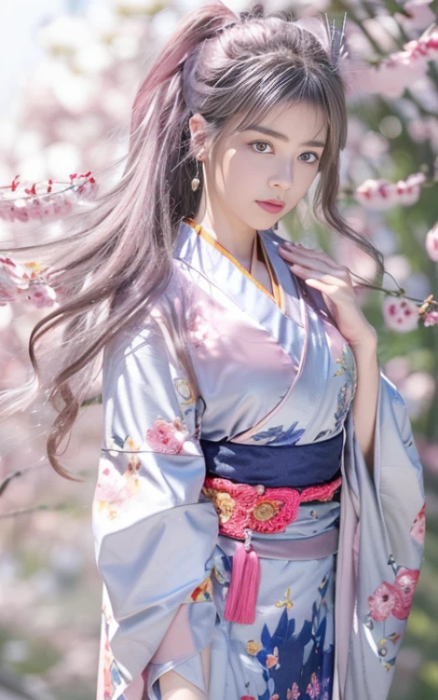 (Beautiful model appearing in Japanese clothing commercial, Beautiful long silver mesh hair swaying in the wind), (alone), ((face is 80% beauty and elegance, 20% pretty and cute:1.5)), (Her roots are in Eastern Europe and Asia), clear eyes, (fine eyes, light brown eyes, bright pupils), double eyelid, (Slightly thick and sexy lips:1.2), Super detailed and incredibly high resolution silver long Kimono, Highly detailed facial texture, impressive body shape, Curvaceous and very attractive woman, (The color of the long kimono is 95% pink and 5% lapis lazuli:1.5), High resolution RAW color photography professional photography, break ultra high-resolution textures, High resolution body rendering, Big eyes, an unparalleled masterpiece, incredible high resolution, Super detailed, stunning ceramic skin, break (Made with plenty of Rinpa silver.、琳派風のshiny redい振袖を着ています。.), (The main color is Rinpa'shiny red.), (丁寧に作られた日本の古典的なshiny redい振袖), ((The embroidery pattern is a Japanese painting style of lapis lazuli birds, cloud, Mountain, river, and flowers)), (A lapis lazuli obi that matches this kimono), ((Delicate and elegant embroidery、shiny redい振袖)), (The background is sparkling silver diamond dust emitted from the moon,Cherry tree:1.5) break ((highest quality, 8K)), sharp focus:1.2, (layer cut, big:1.2), (beautiful woman with perfect figure:1.4), (Beautifully shaped breasts:1.3), thin waist, (correct hand shape:1.5), (full body shot | Rear view)
