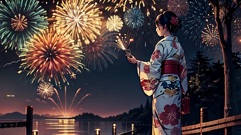 araffe in kimono standing on a pier looking at fireworks, inspired by Itō Shinsui, Japanese art style, fireworks in the background, Japanese painting, firework, inspired by Hanabusa Itchō, fireworks in background, [ fireworks in the sky ]!!, japanese kimono, traditional japanese art, 伝統的なJapanese painting