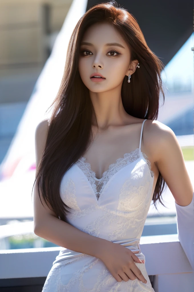 Tzuyu 1, woman, (realistic), (hyper realism), (photorealistic), Depth of the bounds written, eye make up:0.9, (whole body:1.2), (tight waist), looking at the viewer,at the racing track, lace queen, Sexy dress with open shoulders and chest