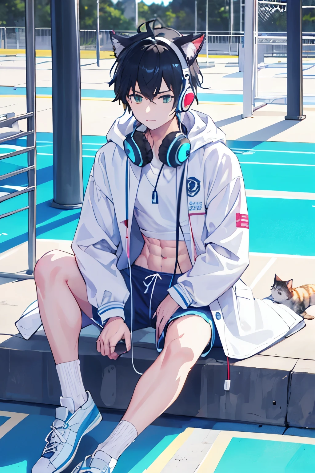 Fury，Cat，Have muscles，chest muscles，abdominal muscles，Blue and white headphones hanging around the neck，Light blue sports shorts，white sneakers，white socks，light coat，Sit and rest，Playground background，short black hair，One meter eight，cat ears，orc，male，