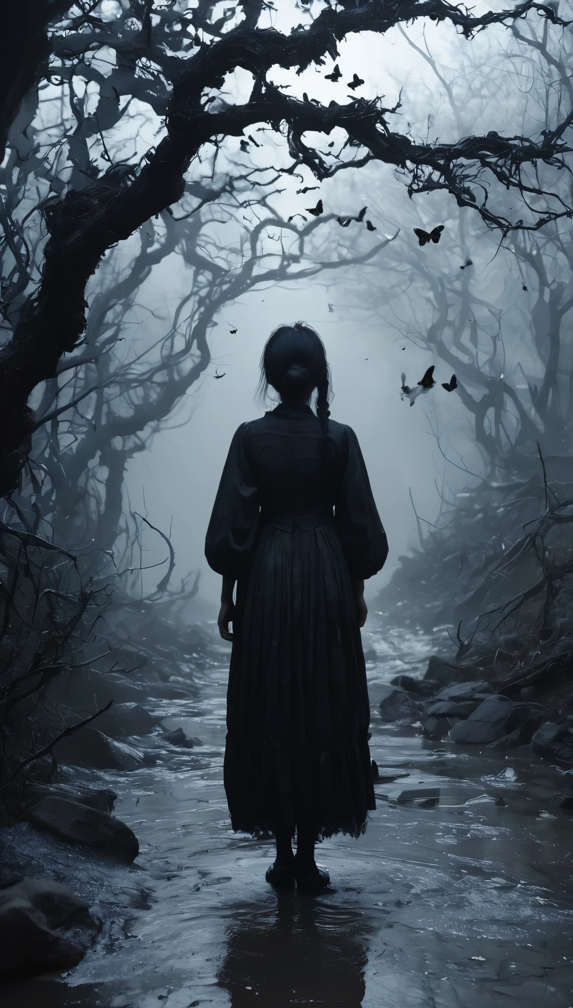 (butterfly:1.5),(butterfly theme:1.5),(dark horror theme:1.5),(thriller:1.5),(inspiration from Stephen King:1.5),(dark fantasy:1.5), (ink and watercolor painting:1.5), (black and white color:1.5), 8k, 4k, (landscapes:1.5),(A large number of butterflies fly towards the viewer:1.5),(ruined:1.5),(ruined village:1.5),(1800s:1.5), (ruined theme:1.5),(lots of flying butterflies:1.5),(puddle:1.5),(Unpaved roads:1.5),(absurderes:1.5),(fantastic:1.5),(best quality:1.5),(masterpiece:1.5),full body length,niobium Manganite girl plays with doll,pretty face,eyebrow up,full body shot,ominous landscape,Fluorite Wulfenite atmosphere,by art Simon Stalenhag,Nicola Samori,(((Wangechi Mutu))),prime colors,urban,extremely detailed,masterpiece,intricate details,faded,eyes extremely detailed, high detailed eyes,4k resolution,RAW, Nikon Z9,scary town,full body length,evil ghost, Winnie-the-Pooh Iridescent,intricate details,,orc,Stone Forest in Yunnan Province of China,best quality, ultra-detailed, realistic, portraits, dark and eerie atmosphere, glowing eyes, ethereal presence, hauntingly beautiful, ghostly figures, swirling mists, supernatural entities, demonic essence, shadowy forms, eerie whispers, sinister aura, hauntingly pale skin, dark and twisted branches, flickering candlelight, macabre elements, mysterious and enigmatic, spectral apparitions, gothic art style, hauntingly captivating, spectral realm, hauntingly melancholic, otherworldly beauty, ethereal glow, hauntingly haunting, chilling and atmospheric, eerie and ominous lighting.
