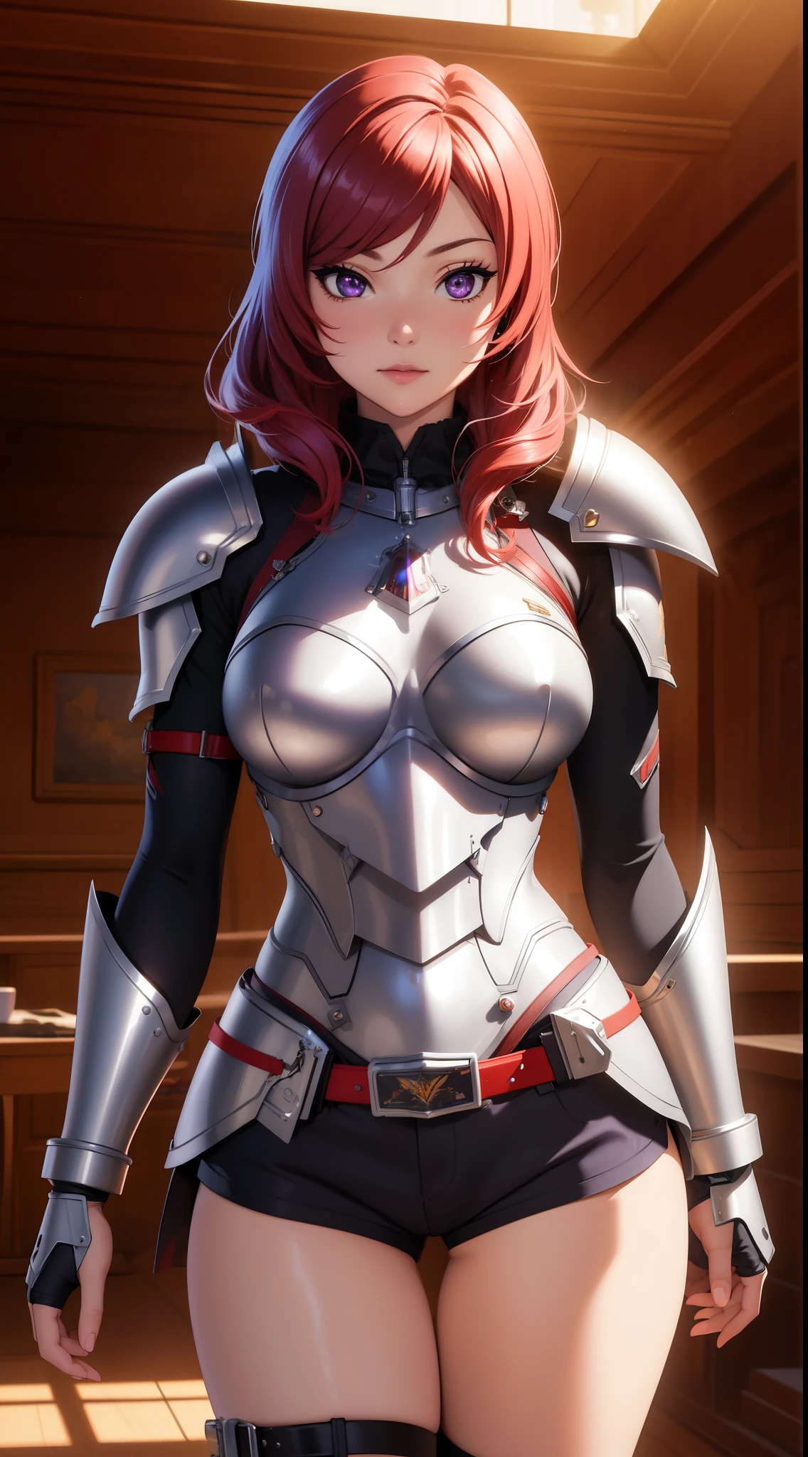 (Masterpiece, Best Quality, High Quality), facing viewer,volumetric lighting, illustration, beautiful, perfect lighting, perfect shadows,Nishikino maki , cowboy shot, (silver armor:1.2), short shorts, thighs, solo, (standing:0.8), purple eyes ,red hair 