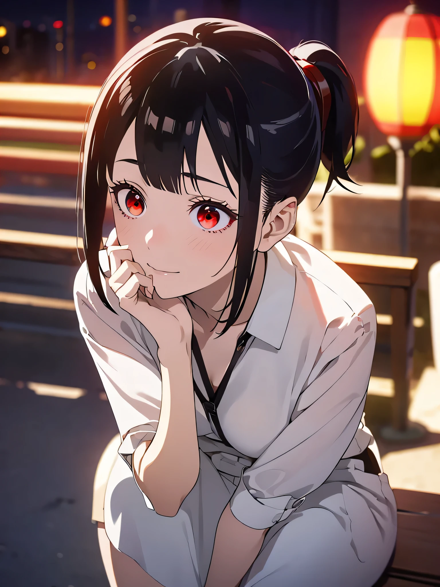 kaguya shinomiya, short hair, bangs, black hair, (red eyes:1.3), hair ribbon, sidelocks, folded ponytail, (parted bangs:1.5), between the eyes medium hair、green hair(1:2) sit in a chair, Upper body, No expression, seductive pose,Beautiful crystal eyes(1:1)、eye、grin and laugh、The art style resembles an attractive anime style. About image quality, priority (highest quality, 4k, 8K, High resolution, body line１.2), Super detailed, and (realistic, realistic, Photoreal:1.37) ,yoga poses.Ultra-fine painting, sharp focus, Physically based rendering, extreme details, Professional, bright colors,White shirt with a little sheer、plump thighs、spread your legs wide、Configure、horror、((late night))