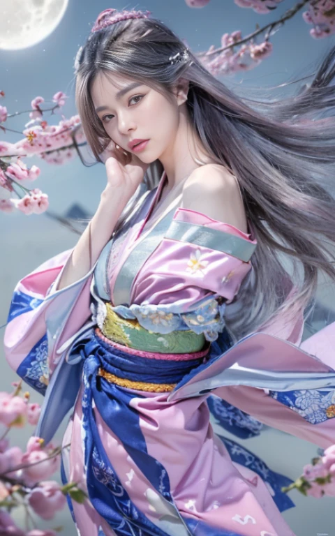 (Beautiful model appearing in Japanese clothing commercial, Beautiful long silver mesh hair swaying in the wind), (alone), ((face is 80% beauty and elegance, 20% pretty and cute:1.5)), (Her roots are in Eastern Europe and Asia), clear eyes, (fine eyes, light brown eyes, bright pupils), double eyelid, (Slightly thick and sexy lips:1.2), Super detailed and incredibly high resolution silver long Kimono, Highly detailed facial texture, impressive body shape, Curvaceous and very attractive woman, (The color of the long kimono is 95% pink and 5% lapis lazuli:1.5), High resolution RAW color photography professional photography, break ultra high-resolution textures, High resolution body rendering, Big eyes, an unparalleled masterpiece, incredible high resolution, Super detailed, stunning ceramic skin, break (Made with plenty of Rinpa silver.、琳派風のshiny redい振袖を着ています。.), (The main color is Rinpa'shiny red.), (丁寧に作られた日本の古典的なshiny redい振袖), ((The embroidery pattern is a Japanese painting style of lapis lazuli birds, cloud, Mountain, river, and flowers)), (A lapis lazuli obi that matches this kimono), ((Delicate and elegant embroidery、shiny redい振袖)), (The background is sparkling silver diamond dust emitted from the moon,Cherry tree:1.5) break ((highest quality, 8K)), sharp focus:1.2, (layer cut, big:1.2), (beautiful woman with perfect figure:1.4), (Beautifully shaped breasts:1.3), thin waist, (correct hand shape:1.5), (full body shot | Rear view)