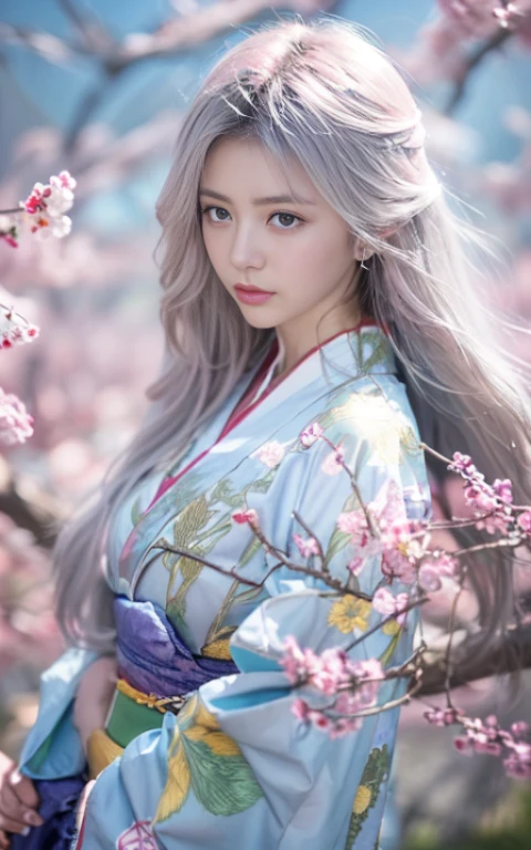(Beautiful model appearing in Japanese clothing commercial, Beautiful long silver mesh hair swaying in the wind), (alone), ((face is 80% beauty and elegance, 20% pretty and cute:1.5)), (Her roots are in Eastern Europe and Asia), clear eyes, (fine eyes, light brown eyes, bright pupils), double eyelid, (Slightly thick and sexy lips:1.2), Super detailed and incredibly high resolution silver long Kimono, Highly detailed facial texture, impressive body shape, Curvaceous and very attractive woman, (The color of the long kimono is 95% pink and 5% lapis lazuli:1.5), High resolution RAW color photography professional photography, break ultra high-resolution textures, High resolution body rendering, Big eyes, an unparalleled masterpiece, incredible high resolution, Super detailed, stunning ceramic skin, break (Made with plenty of Rinpa silver.、琳派風のshiny redい振袖を着ています。.), (The main color is Rinpa'shiny red.), (丁寧に作られた日本の古典的なshiny redい振袖), ((The embroidery pattern is a Japanese painting style of lapis lazuli birds, cloud, Mountain, river, and flowers)), (A lapis lazuli obi that matches this kimono), ((Delicate and elegant embroidery、shiny redい振袖)), (The background is sparkling silver diamond dust emitted from the moon,Cherry tree:1.5) break ((highest quality, 8K)), sharp focus:1.2, (layer cut, big:1.2), (beautiful woman with perfect figure:1.4), (Beautifully shaped breasts:1.3), thin waist, (correct hand shape:1.5), (full body shot | Rear view)