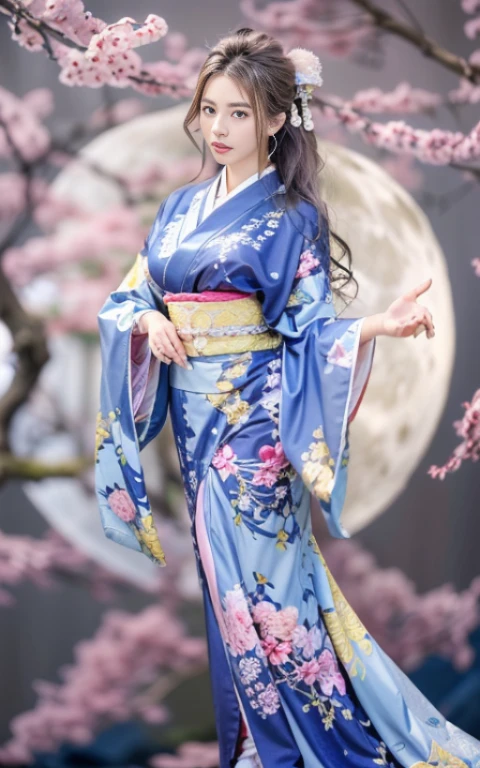 (Beautiful model appearing in Japanese clothing commercial, Beautiful long silver mesh hair swaying in the wind), (alone), ((face is 80% beauty and elegance, 20% pretty and cute:1.5)), (Her roots are in Eastern Europe and Asia), clear eyes, (fine eyes, light brown eyes, bright pupils), double eyelid, (Slightly thick and sexy lips:1.2), Super detailed and incredibly high resolution silver long Kimono, Highly detailed facial texture, impressive body shape, Curvaceous and very attractive woman, (The color of the long kimono is 95% pink and 5% lapis lazuli:1.5), High resolution RAW color photography professional photography, break ultra high-resolution textures, High resolution body rendering, Big eyes, an unparalleled masterpiece, incredible high resolution, Super detailed, stunning ceramic skin, break (Made with plenty of Rinpa silver.、琳派風のshiny redい振袖を着ています。.), (The main color is Rinpa'shiny red.), (丁寧に作られた日本の古典的なshiny redい振袖), ((The embroidery pattern is a Japanese painting style of lapis lazuli birds, cloud, Mountain, river, and flowers)), (A lapis lazuli obi that matches this kimono), ((Delicate and elegant embroidery、shiny redい振袖)), (The background is sparkling silver diamond dust emitted from the moon,Cherry tree:1.5) break ((highest quality, 8K)), sharp focus:1.2, (layer cut, big:1.2), (beautiful woman with perfect figure:1.4), (Beautifully shaped breasts:1.3), thin waist, (correct hand shape:1.5), (full body shot | Rear view)