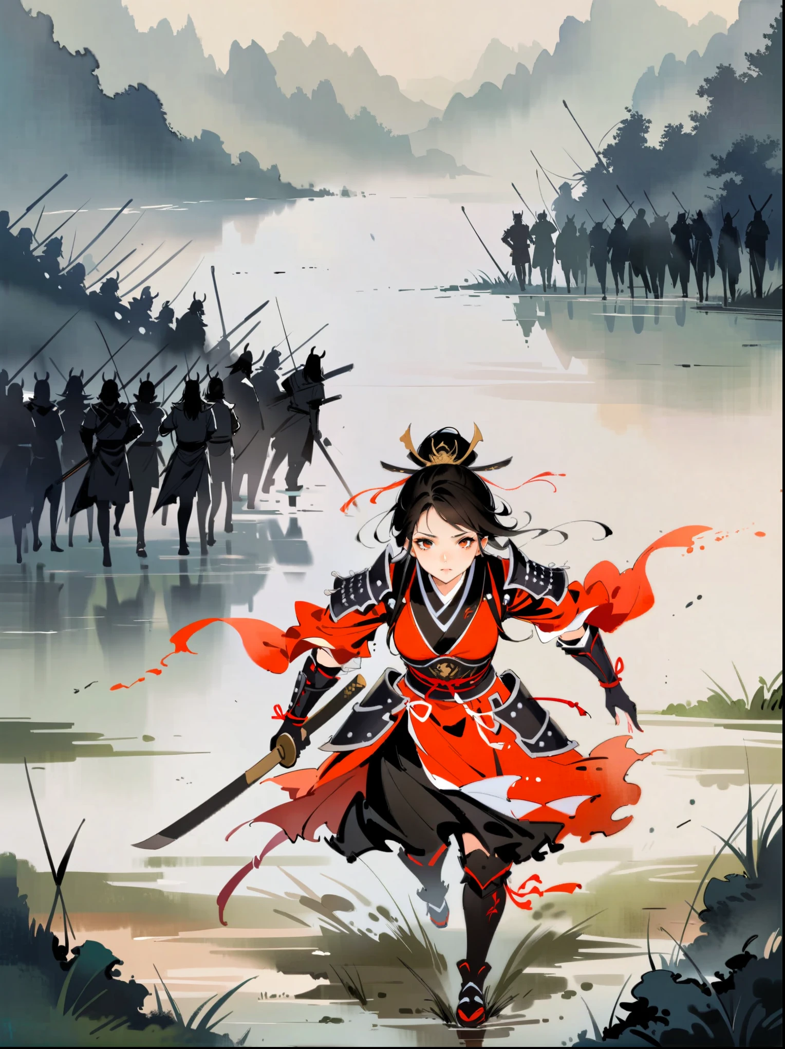 watercolor concept art by Benedick Bana (perspective from above ) 1girl, charging forward , detailed face, beautiful woman in fantasy samurai armor, trudging through misty swamp in middle of multiple army battlefield, marshlands, foggy, cloudy, wearing surcoat with family arms embroidered on it, many samurai fighting in background, masterpiece, best quality, high quality, dramatic lighting, shadows