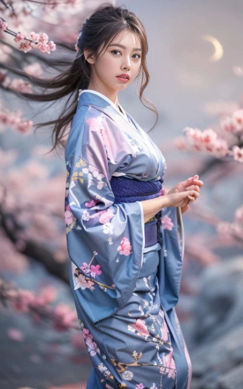 (Beautiful model appearing in Japanese clothing commercial, Beautiful silver mesh long hair swaying in the wind), (alone), ((face is 80% beauty and elegance, 20% pretty and cute:1.5)), (Her roots are in Eastern Europe and Asia), clear eyes, (fine eyes, light brown eyes, bright pupils), double eyelid, (Slightly thick and sexy lips:1.2), Super detailed and incredibly high resolution silver long Kimono, Highly detailed facial texture, impressive body shape, Curvaceous and very attractive woman, (The color of the long kimono is 95% pink and 5% lapis lazuli:1.5), High resolution RAW color photos Professional photography, break ultra high-resolution textures, High resolution body rendering, Big eyes, an unparalleled masterpiece, incredible high resolution, Super detailed, stunning ceramic skin, break (Plenty of Rinpa silver used.、琳派風のshiny redい振袖を着ています。.), (The main color is Rinpa'shiny red.), (丁寧に作られた日本の古典的なshiny redい振袖), ((The embroidery pattern is a Japanese painting style of lapis lazuli birds, cloud, Mountain, river, and flowers)), (A lapis lazuli obi that matches this kimono), ((delicate and elegant embroidery、shiny redい振袖)), (The background is sparkling silver diamond dust emitted from the moon,cherry blossoms:1.5) break ((highest quality, 8K)), sharp focus:1.2, (layer cut, big:1.2), (beautiful woman with perfect figure:1.4), (Beautifully shaped breasts:1.3), thin waist, (correct hand shape:1.5), (full body shot | Rear view)