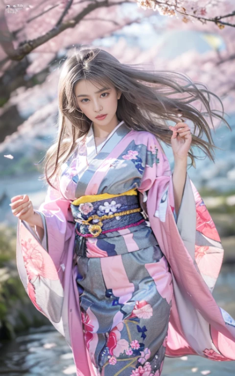 (Beautiful model appearing in Japanese clothing commercial, Beautiful silver mesh long hair swaying in the wind), (alone), ((face is 80% beauty and elegance, 20% pretty and cute:1.5)), (Her roots are in Eastern Europe and Asia), clear eyes, (fine eyes, light brown eyes, bright pupils), double eyelid, (Slightly thick and sexy lips:1.2), Super detailed and incredibly high resolution silver long Kimono, Highly detailed facial texture, impressive body shape, Curvaceous and very attractive woman, (The color of the long kimono is 95% pink and 5% lapis lazuli:1.5), High resolution RAW color photos Professional photography, break ultra high-resolution textures, High resolution body rendering, Big eyes, an unparalleled masterpiece, incredible high resolution, Super detailed, stunning ceramic skin, break (Plenty of Rinpa silver used.、琳派風のshiny redい振袖を着ています。.), (The main color is Rinpa&#39;shiny red.), (丁寧に作られた日本の古典的なshiny redい振袖), ((The embroidery pattern is a Japanese painting style of lapis lazuli birds, cloud, Mountain, river, and flowers)), (A lapis lazuli obi that matches this kimono), ((delicate and elegant embroidery、shiny redい振袖)), (The background is sparkling silver diamond dust emitted from the moon，cherry blossoms:1.5) break ((highest quality, 8K)), sharp focus:1.2, (layer cut, big:1.2), (beautiful woman with perfect figure:1.4), (Beautifully shaped breasts:1.3), thin waist, (correct hand shape:1.5), (full body shot | Rear view)