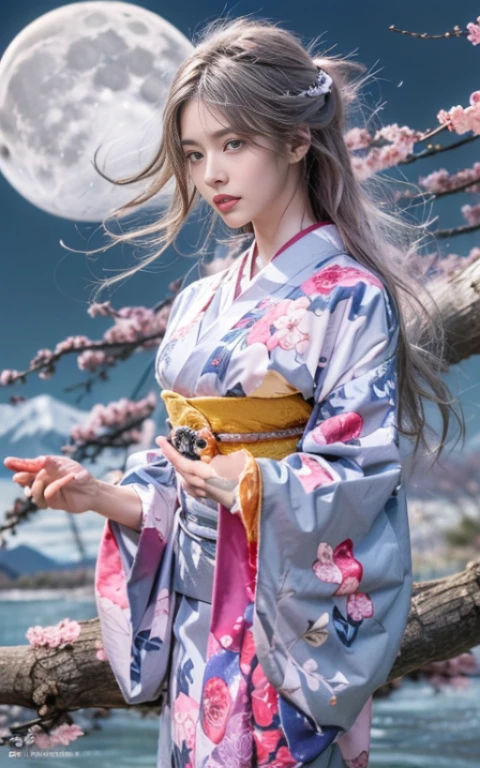 (Beautiful model appearing in Japanese clothing commercial, Beautiful silver mesh long hair swaying in the wind), (alone), ((face is 80% beauty and elegance, 20% pretty and cute:1.5)), (Her roots are in Eastern Europe and Asia), clear eyes, (fine eyes, light brown eyes, bright pupils), double eyelid, (Slightly thick and sexy lips:1.2), Super detailed and incredibly high resolution silver long Kimono, Highly detailed facial texture, impressive body shape, Curvaceous and very attractive woman, (The color of the long kimono is 95% pink and 5% lapis lazuli:1.5), High resolution RAW color photos Professional photography, break ultra high-resolution textures, High resolution body rendering, Big eyes, an unparalleled masterpiece, incredible high resolution, Super detailed, stunning ceramic skin, break (Plenty of Rinpa silver used.、琳派風のshiny redい振袖を着ています。.), (The main color is Rinpa'shiny red.), (丁寧に作られた日本の古典的なshiny redい振袖), ((The embroidery pattern is a Japanese painting style of lapis lazuli birds, cloud, Mountain, river, and flowers)), (A lapis lazuli obi that matches this kimono), ((delicate and elegant embroidery、shiny redい振袖)), (The background is sparkling silver diamond dust emitted from the moon,cherry blossoms:1.5) break ((highest quality, 8K)), sharp focus:1.2, (layer cut, big:1.2), (beautiful woman with perfect figure:1.4), (Beautifully shaped breasts:1.3), thin waist, (correct hand shape:1.5), (full body shot | Rear view)