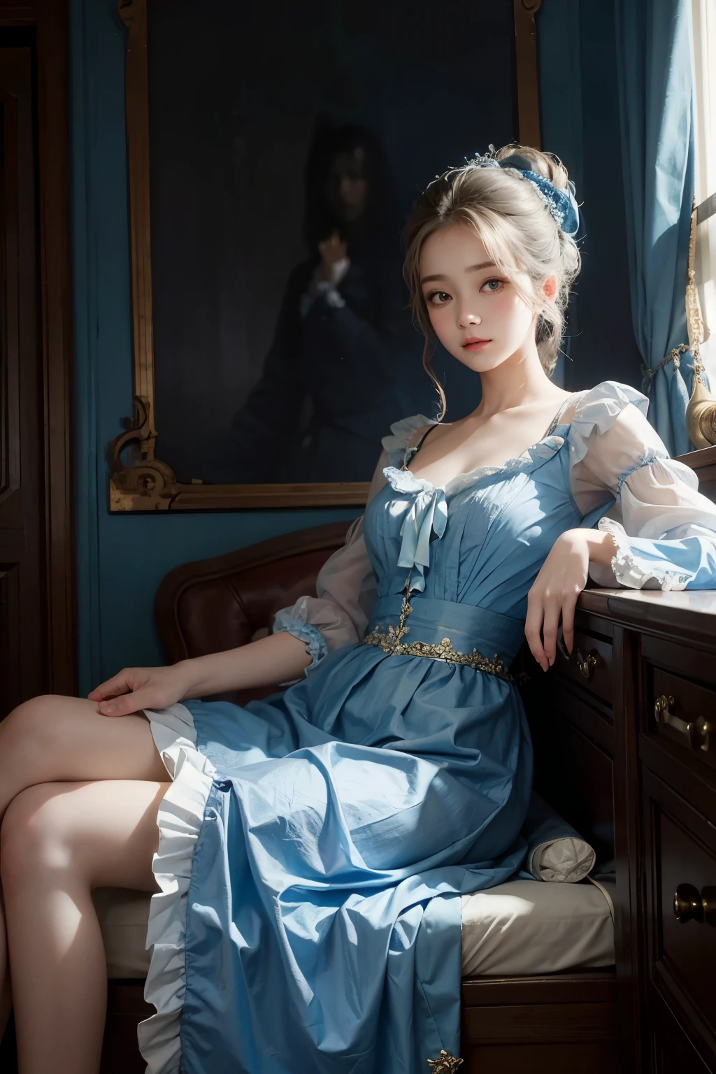 Araped woman sitting on bed in blue dress, inspired by Jean-Baptiste Van Loo(Jean-Baptiste van Loo), korean beauty, different actions, clothes:random color,